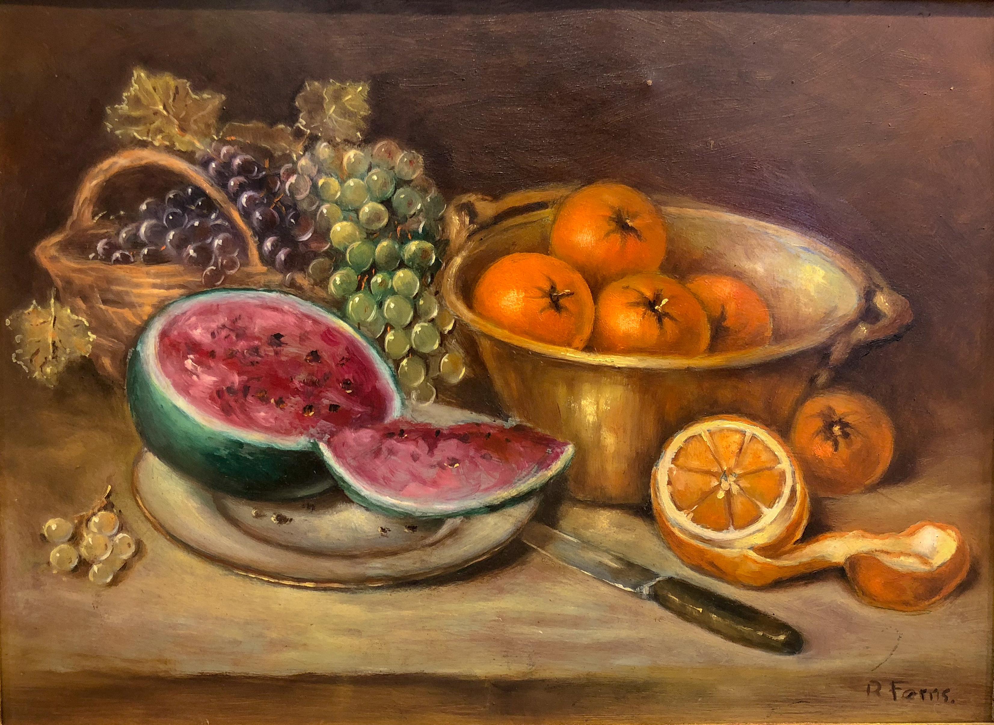 Still life English painting presenting graves, oranges and a watermelon.

Signed lower left corner, “R. Farns.”.