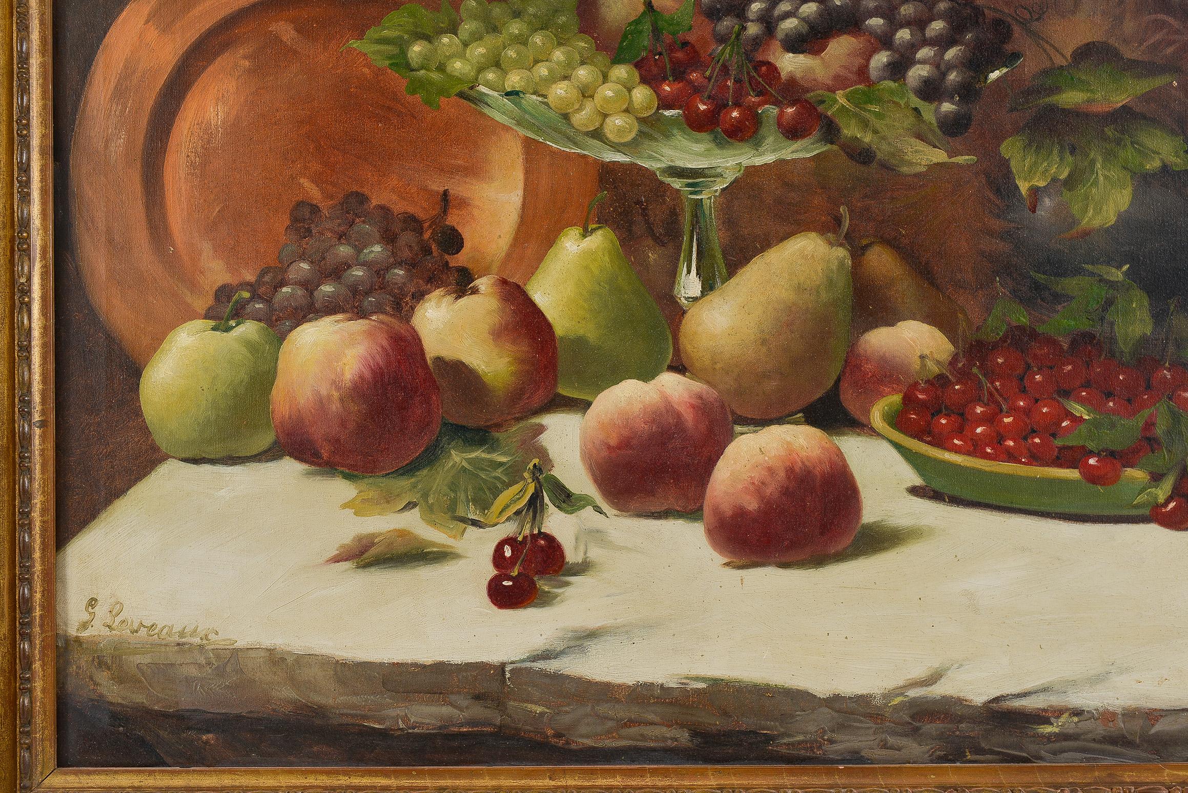Hand-Painted Still Life with Fruits and Copper Plate For Sale