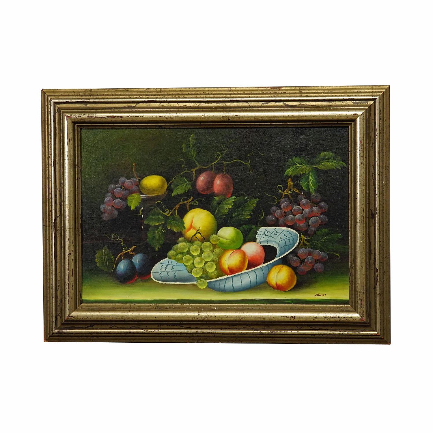 Still Life with Fruits, oil painting on canvas, Germany 1950s

An impressive Biedermeier style still life painting depicting diverse fruits like plums, grapes or peaches. Painted in oil on canvas with pastell colors and framed with a gilded wooden