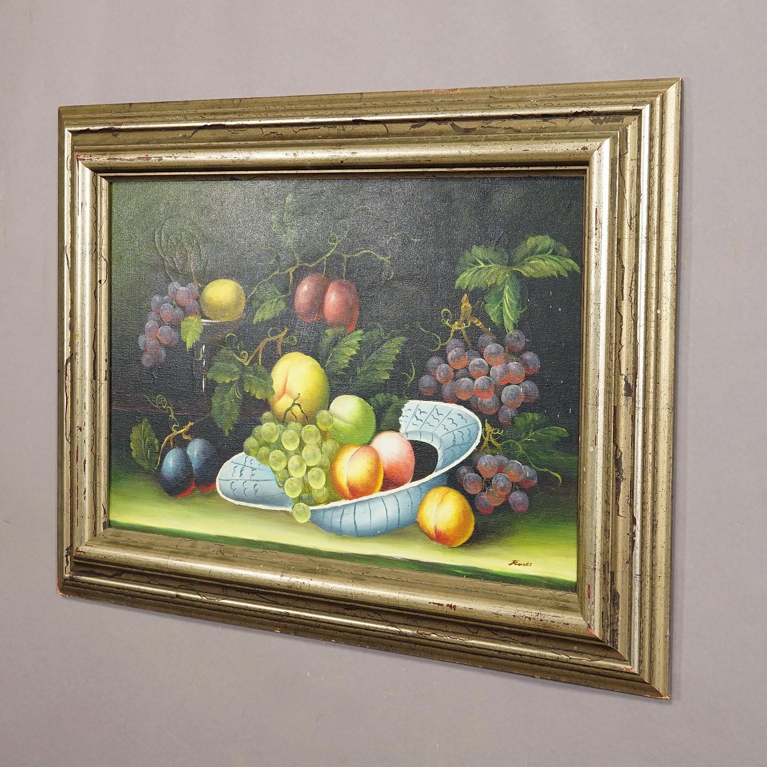 Biedermeier Nature morte aux fruits, peinture à l'huile sur toile, Allemagne, années 1950 en vente