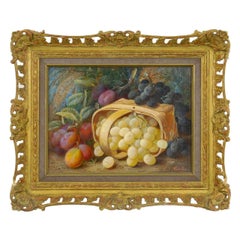 “Still Life with Grapes and Plums” Antique Oil Painting by Vincent Clare