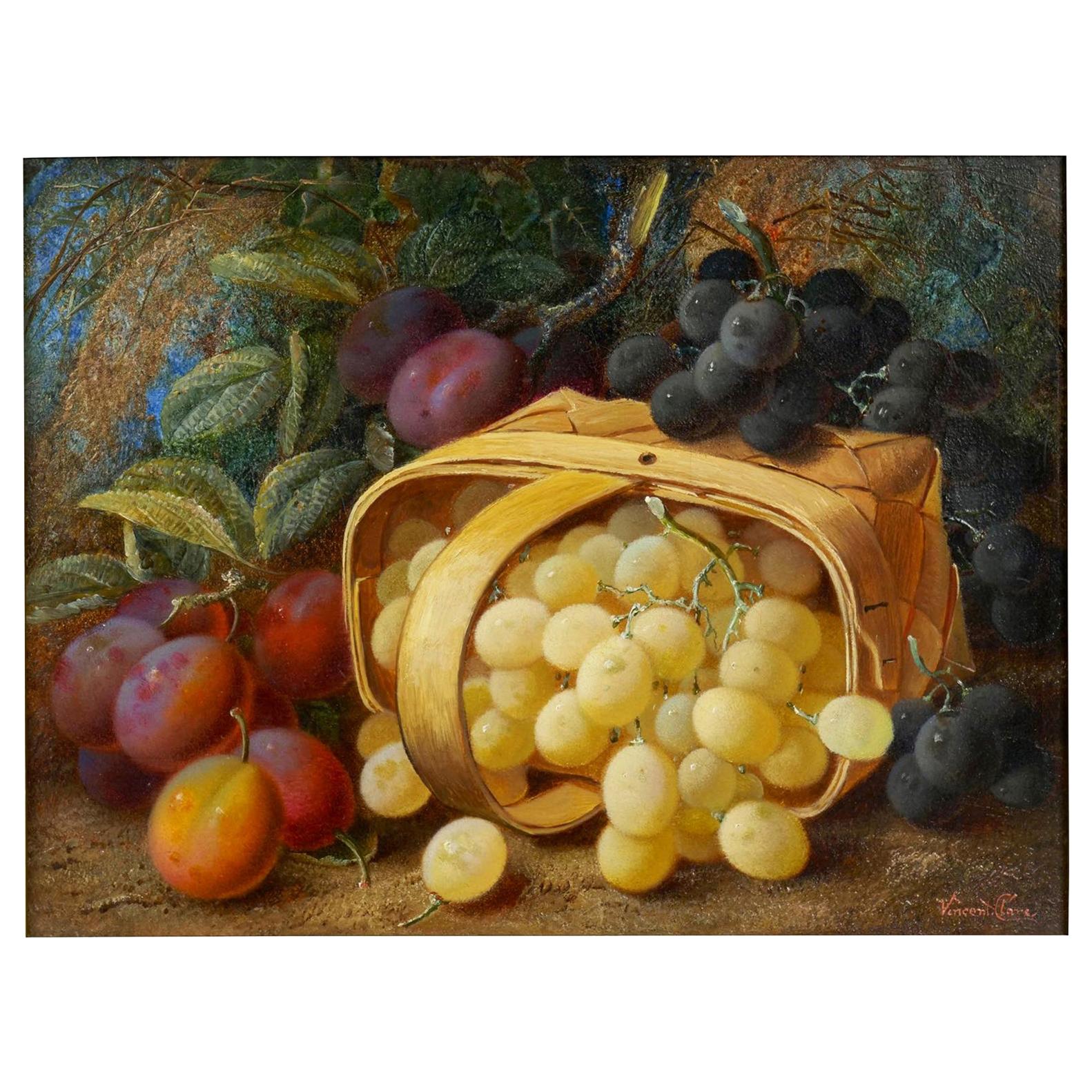 “Still Life with Grapes and Plums” Antique Oil Painting by Vincent Clare