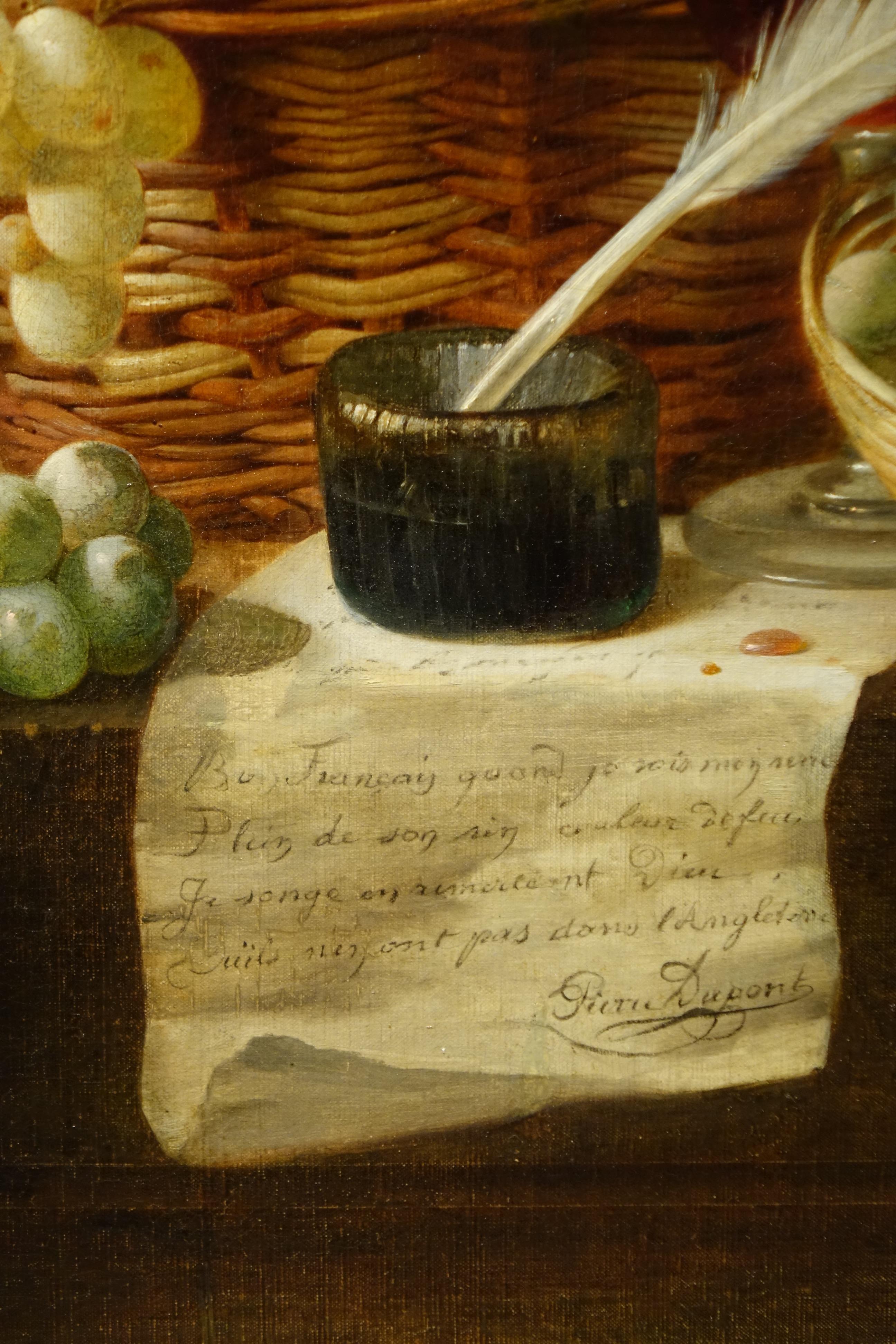 A painting, oil on canvas depicting a still life with grapes on an entablature.
White, black and rosé grapes are arranged in two wicker baskets, with vine leaves.
In the center an inkwell with a feather and a paper unrolled on which is written the