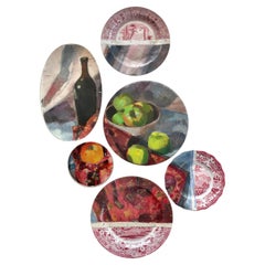 Instalación de Arte en la Pared: Láminas y Óleo sobre Lienzo - "Naturaleza Muerta con Manzanas Verdes"
