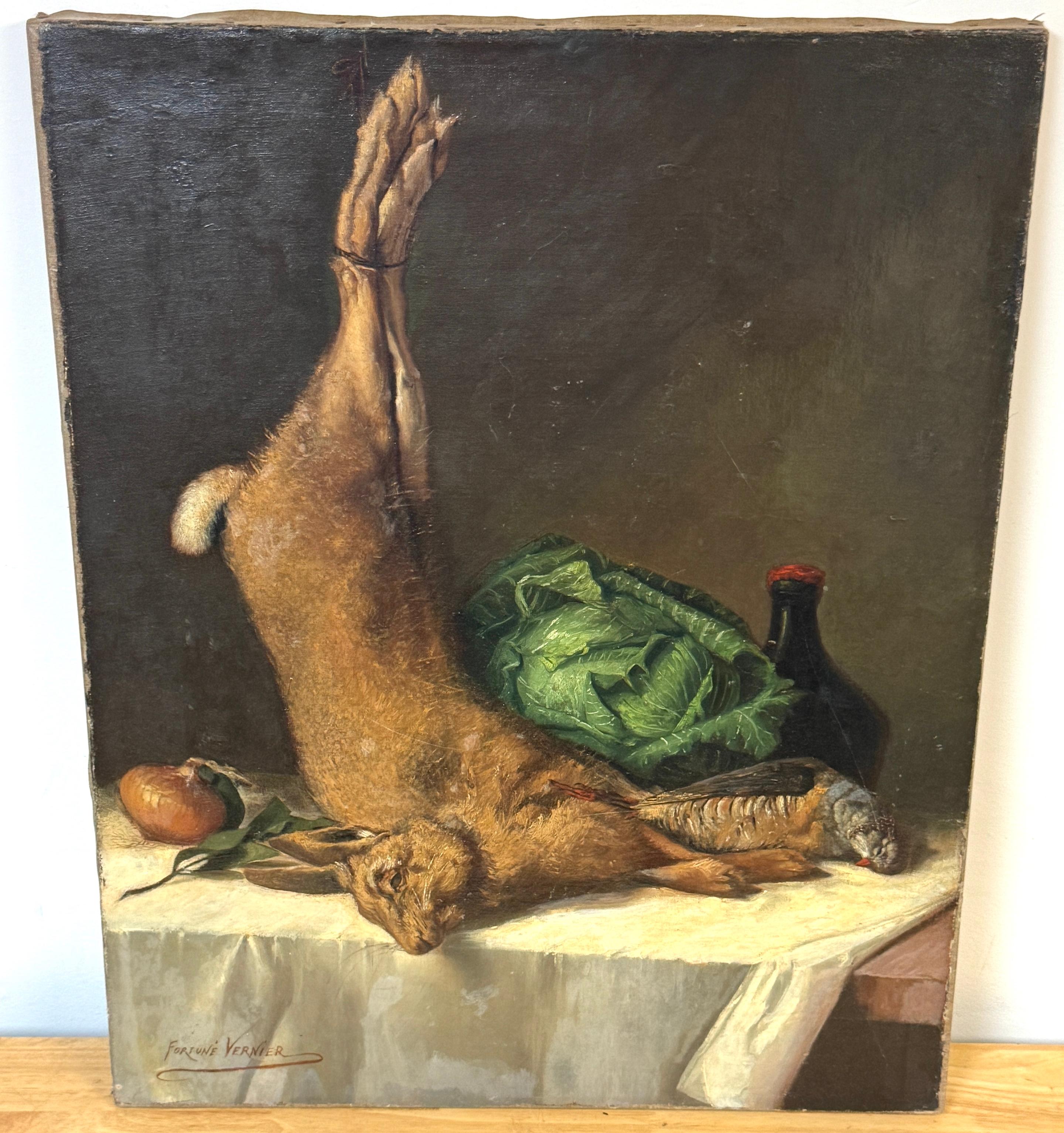 Stilleben mit Hase, Rebhuhn, Kohl und Wein