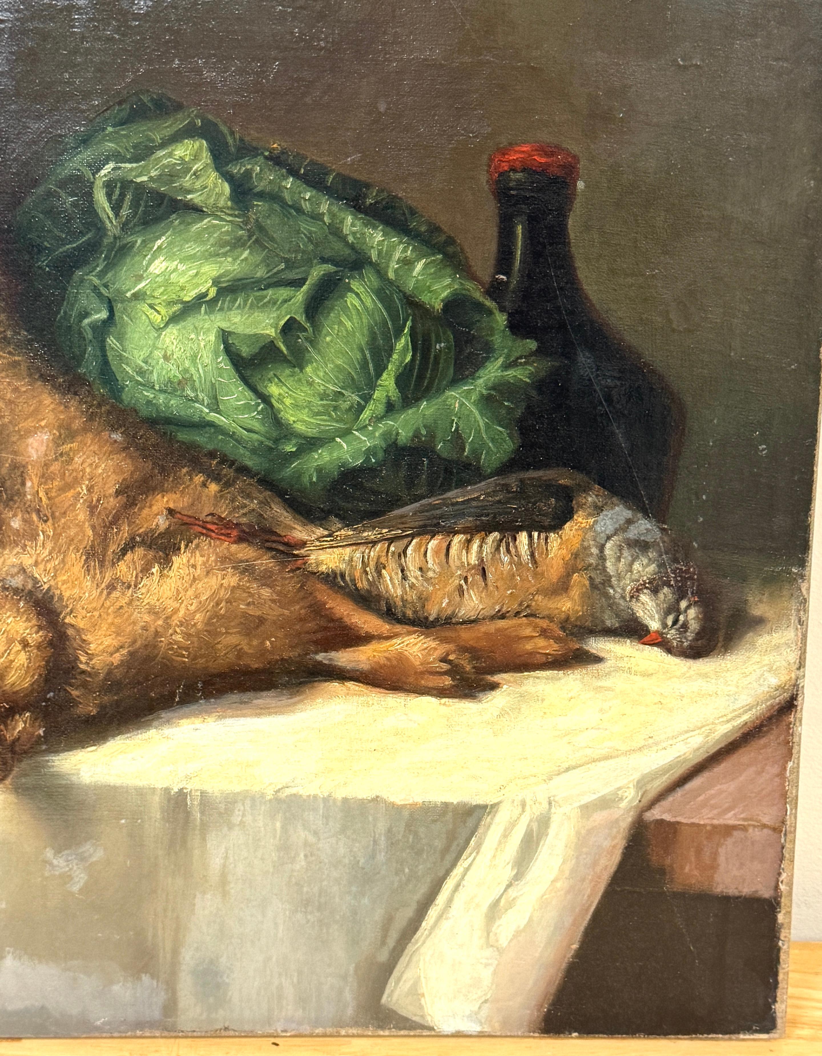 Stillleben mit Hase, Rebhuhn, Kraut und Wein