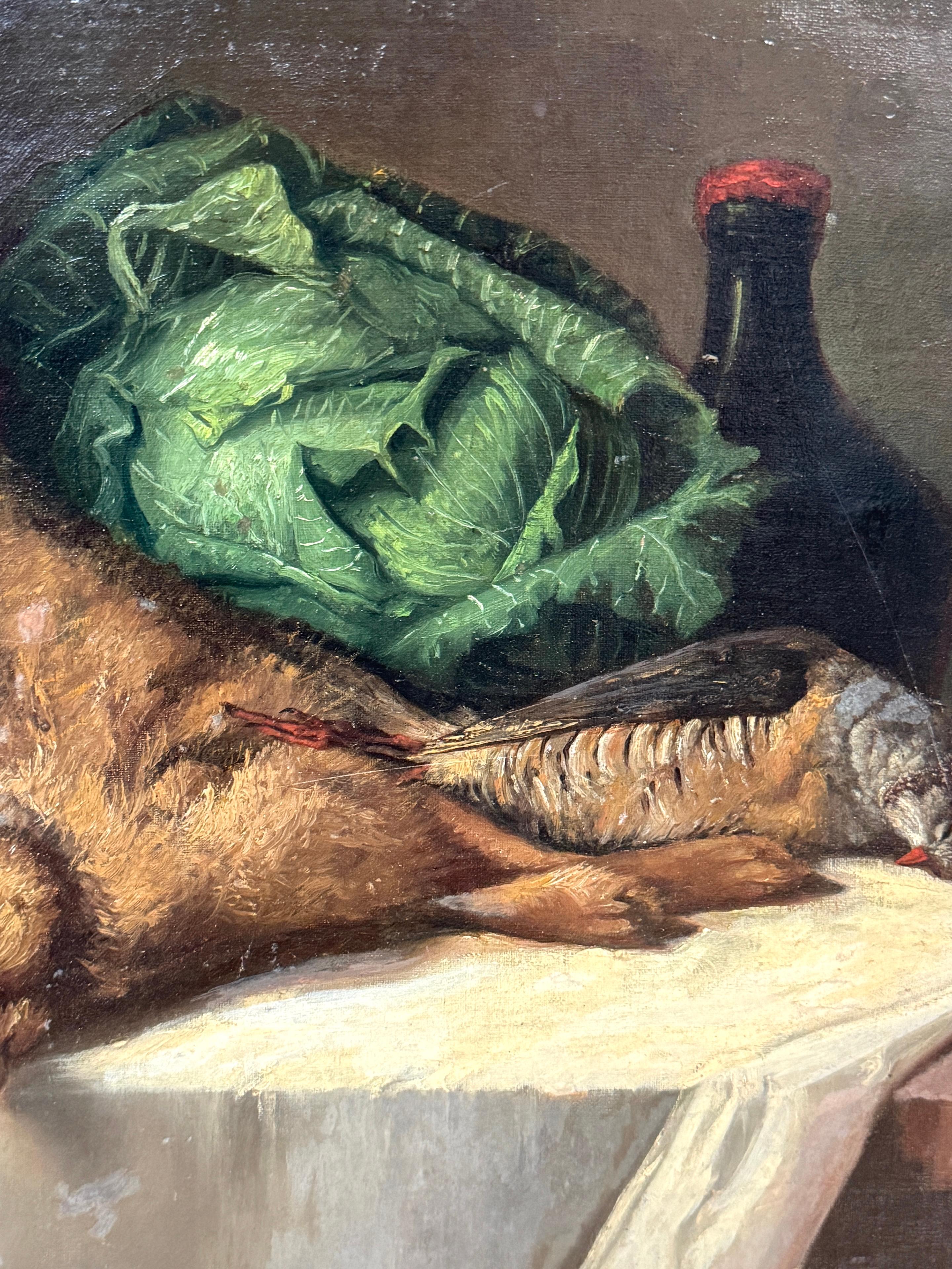 Stillleben mit Hase, Rebhuhn, Kraut und Wein