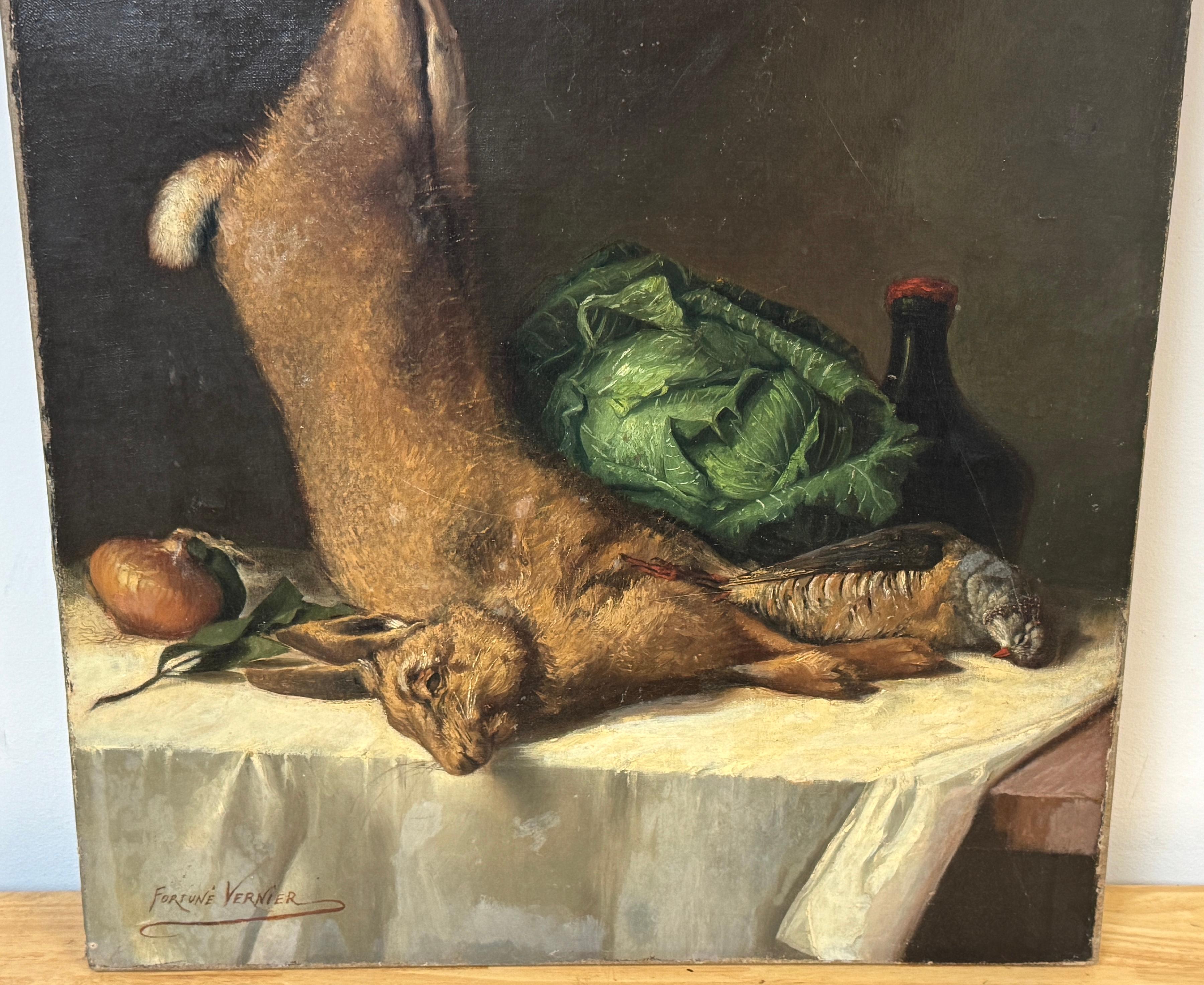 Stillleben mit Hase, Rebhuhn, Kraut und Wein