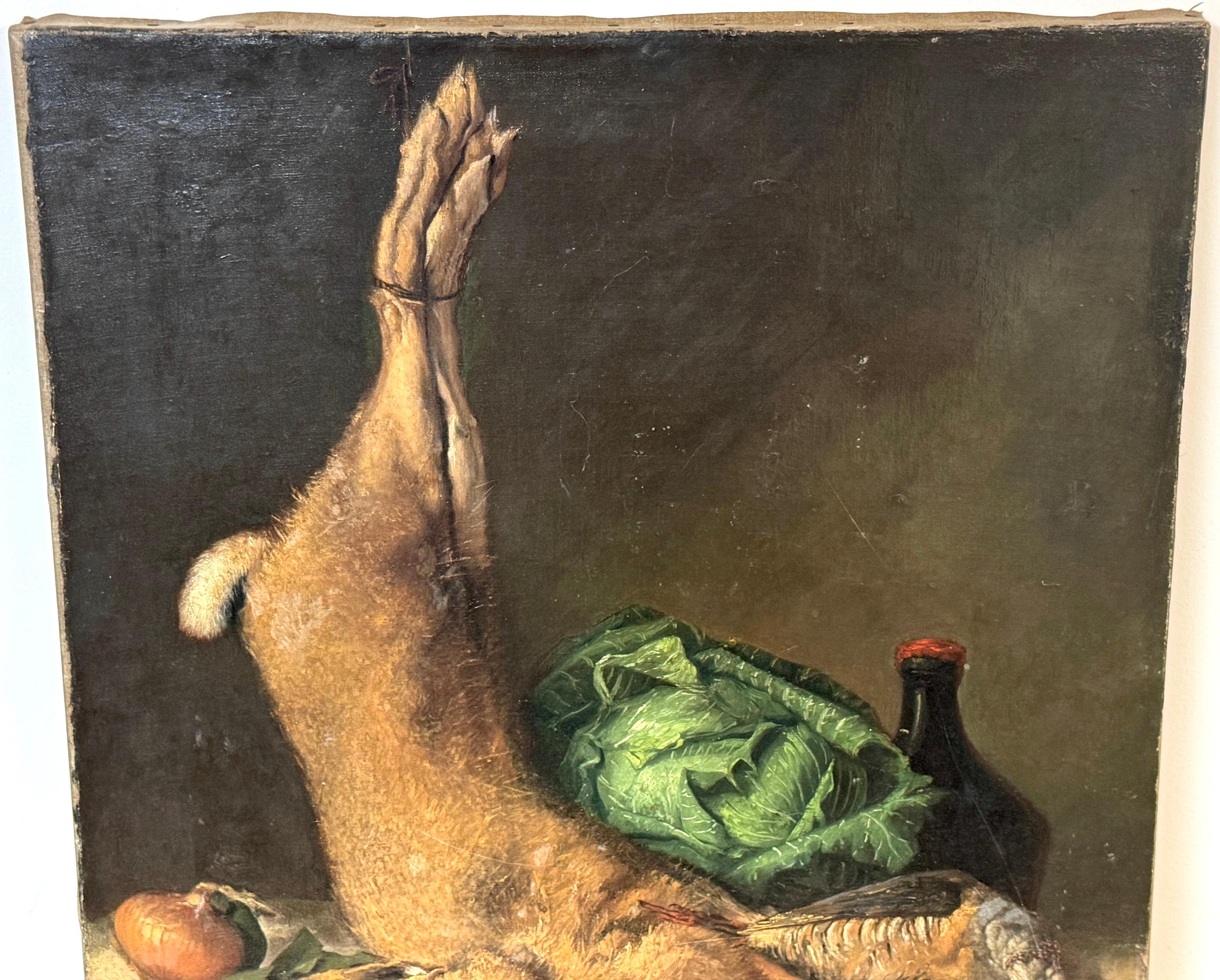 Stillleben mit Hase, Rebhuhn, Kraut und Wein