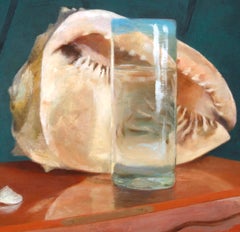 Still Life with Helmet Shell and Mexican Glass, Original Oil on Panel, Framed