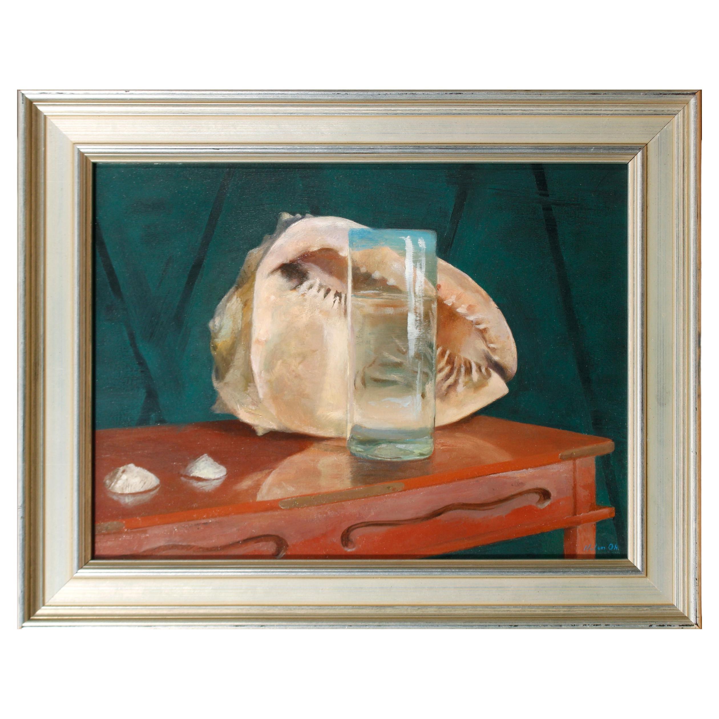Bodegón con concha de casco y cristal mexicano, Óleo original sobre tabla, enmarcado