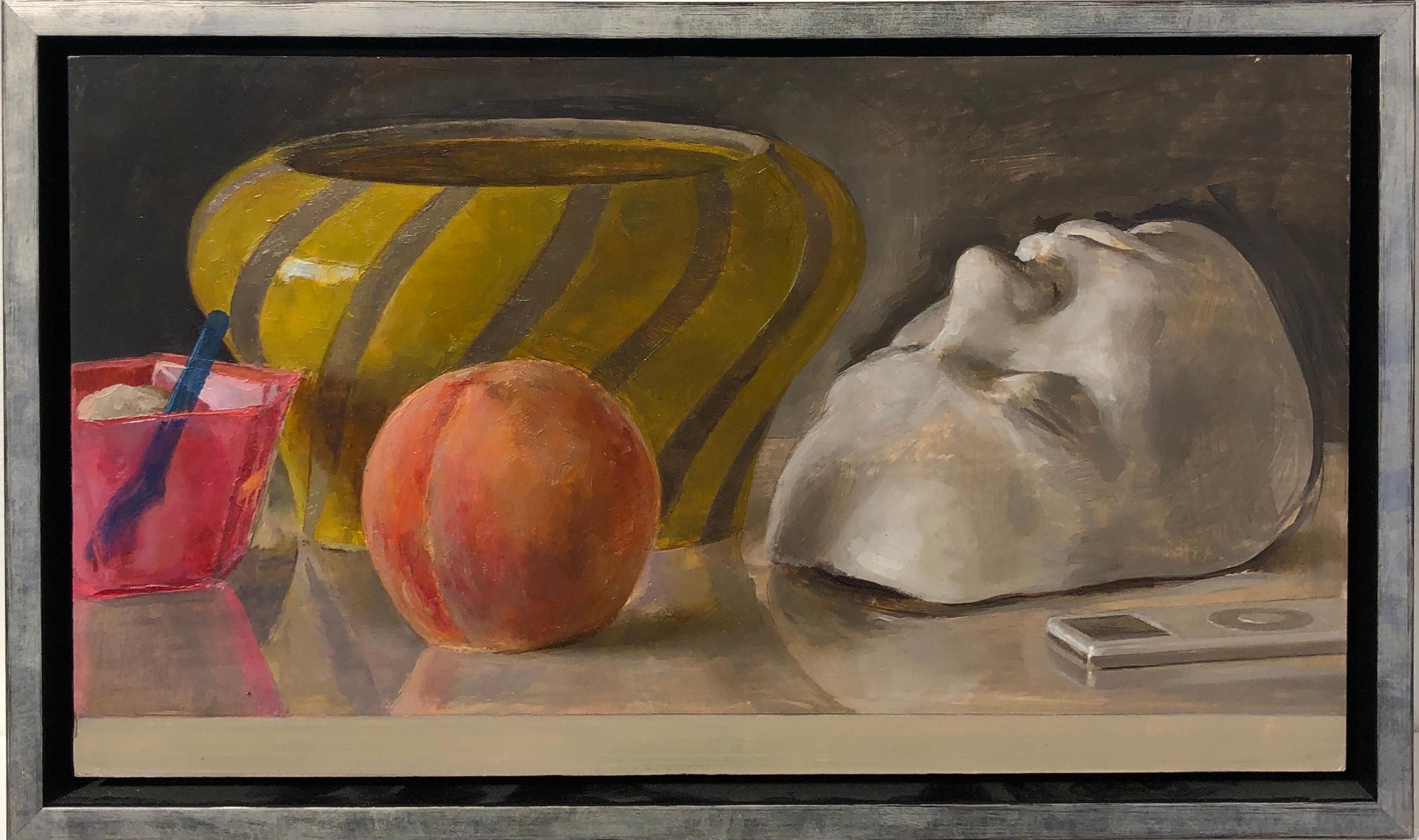 This still life painting on panel captures a variety of objects. Among the objects depicted are a beautiful venetian glass bowl, a cup of Italian gelato, a ripe peach, a white life mask and an obsolete iPod all placed upon a table. These masterfully
