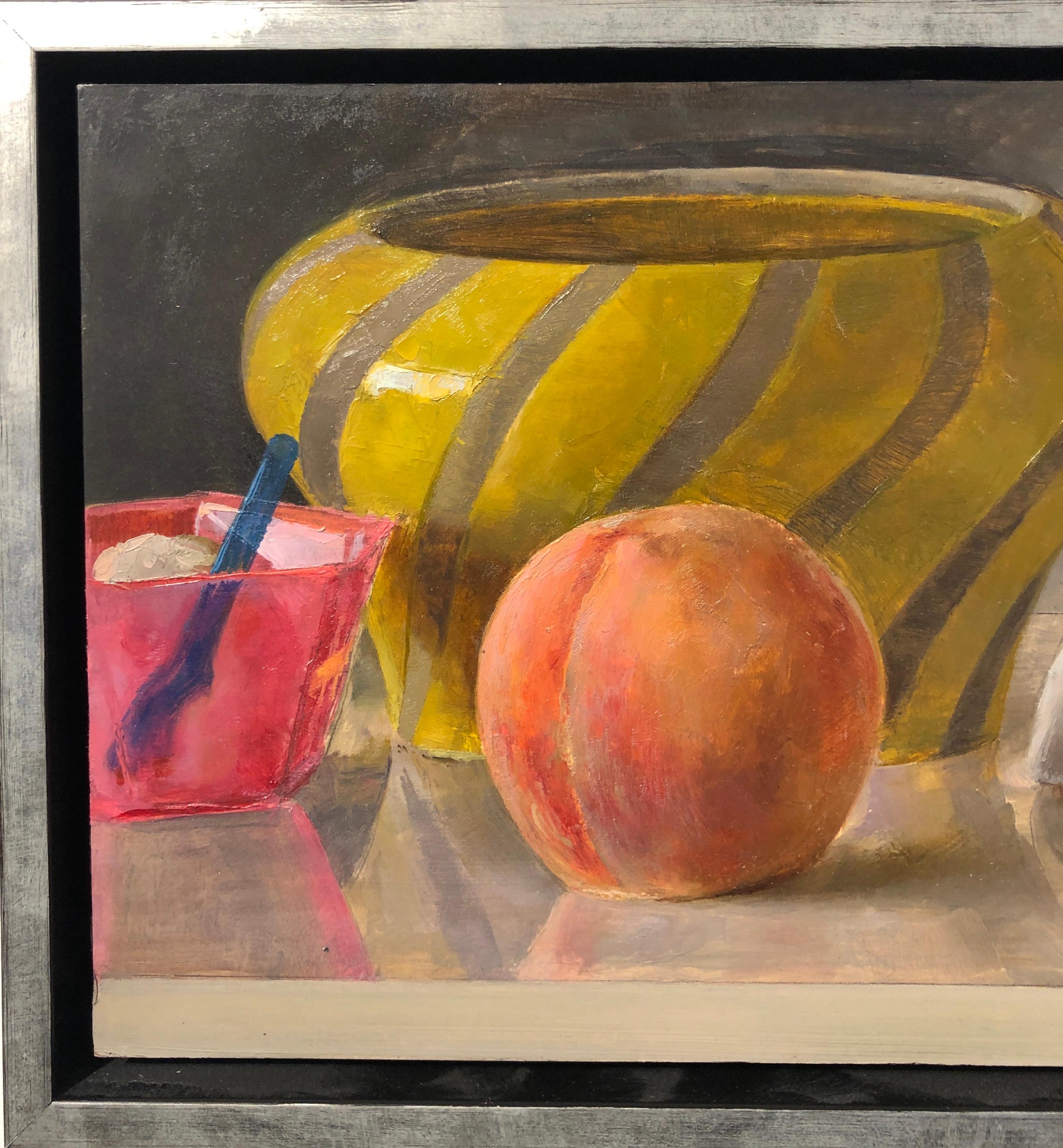 Mid-Century Modern Still Life with Italian Bowl, Life Mask, Peach and iPod, Original Oil Painting For Sale