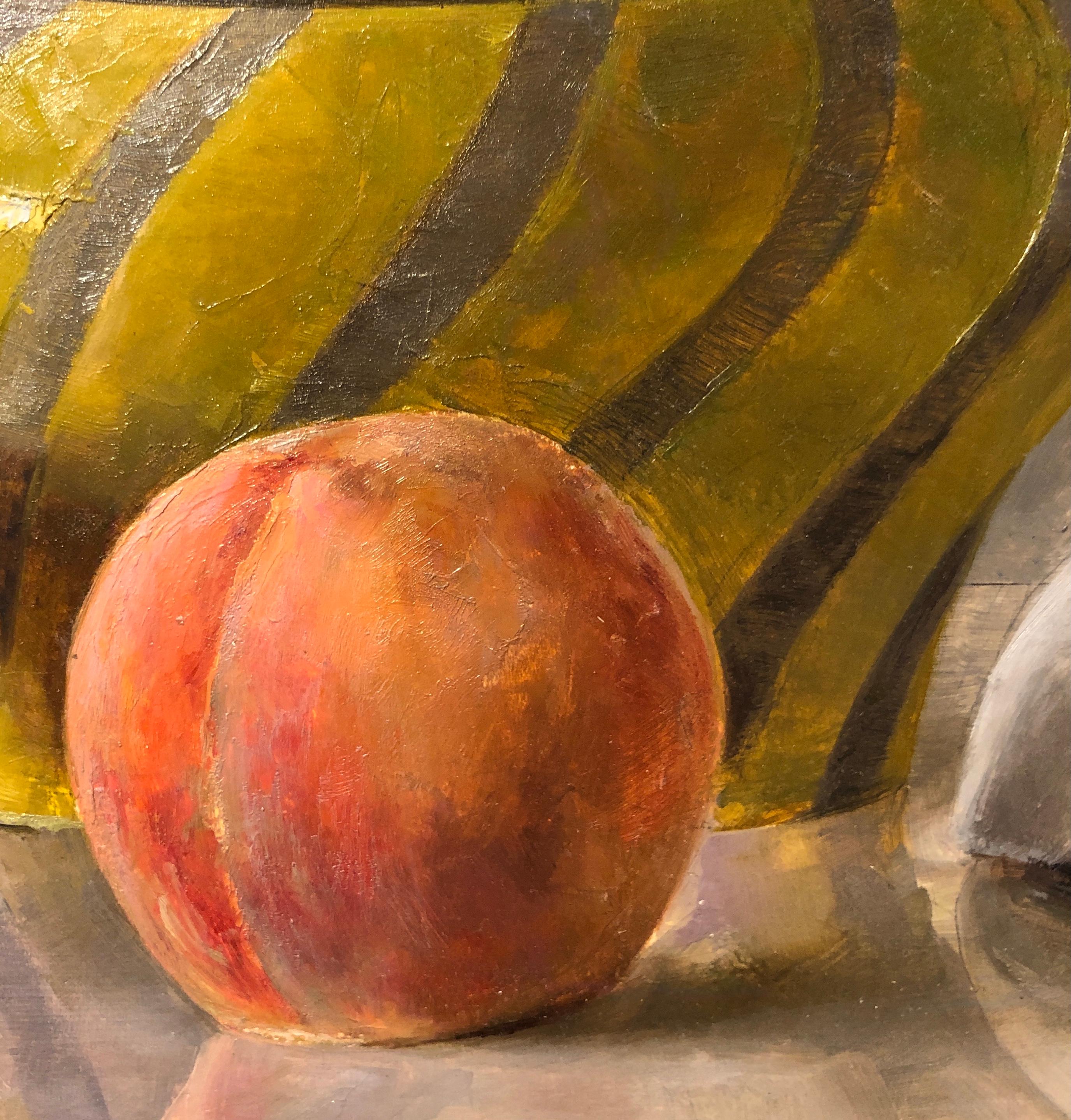 American Still Life with Italian Bowl, Life Mask, Peach and iPod, Original Oil Painting For Sale