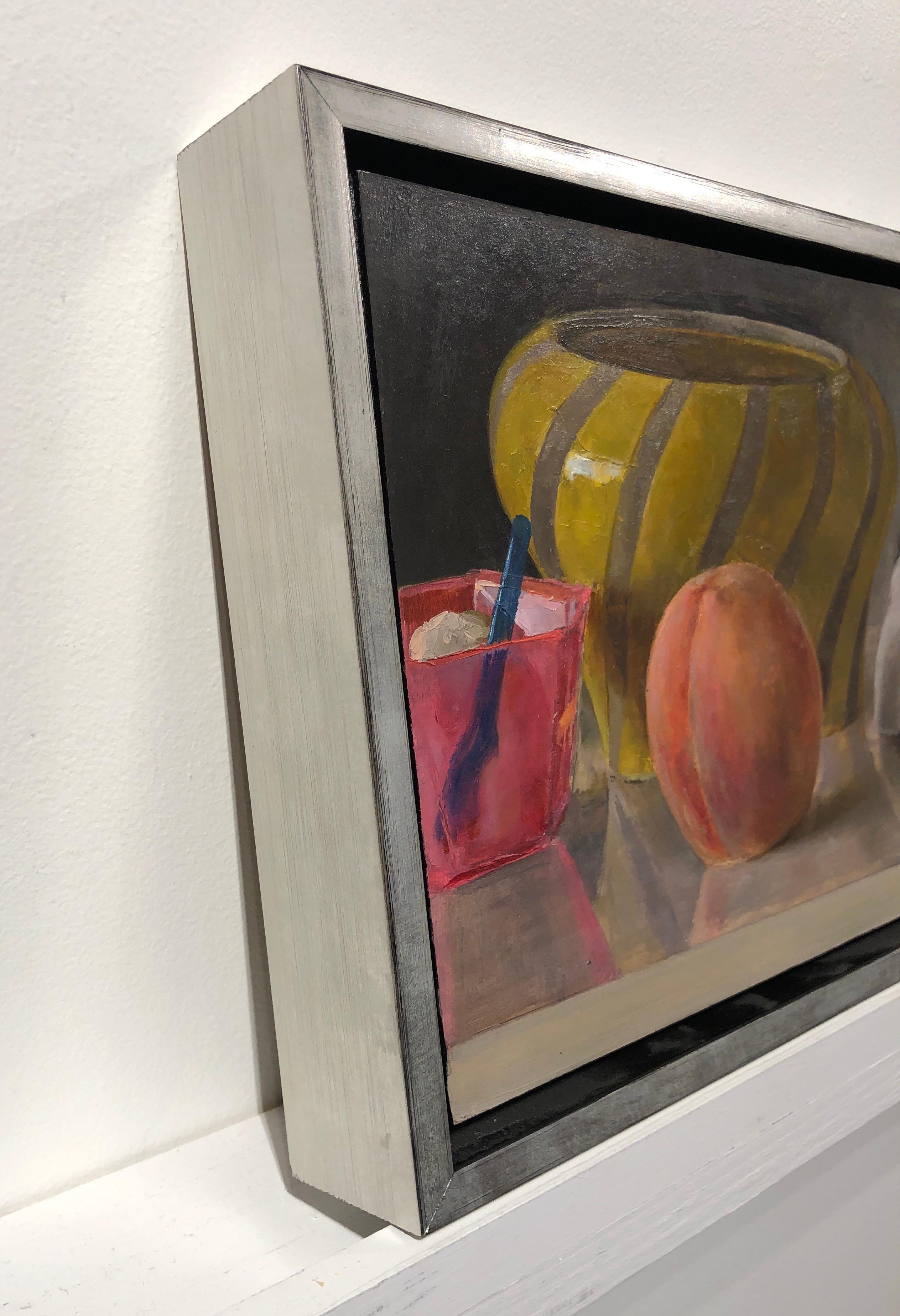 Contemporary Still Life with Italian Bowl, Life Mask, Peach and iPod, Original Oil Painting For Sale