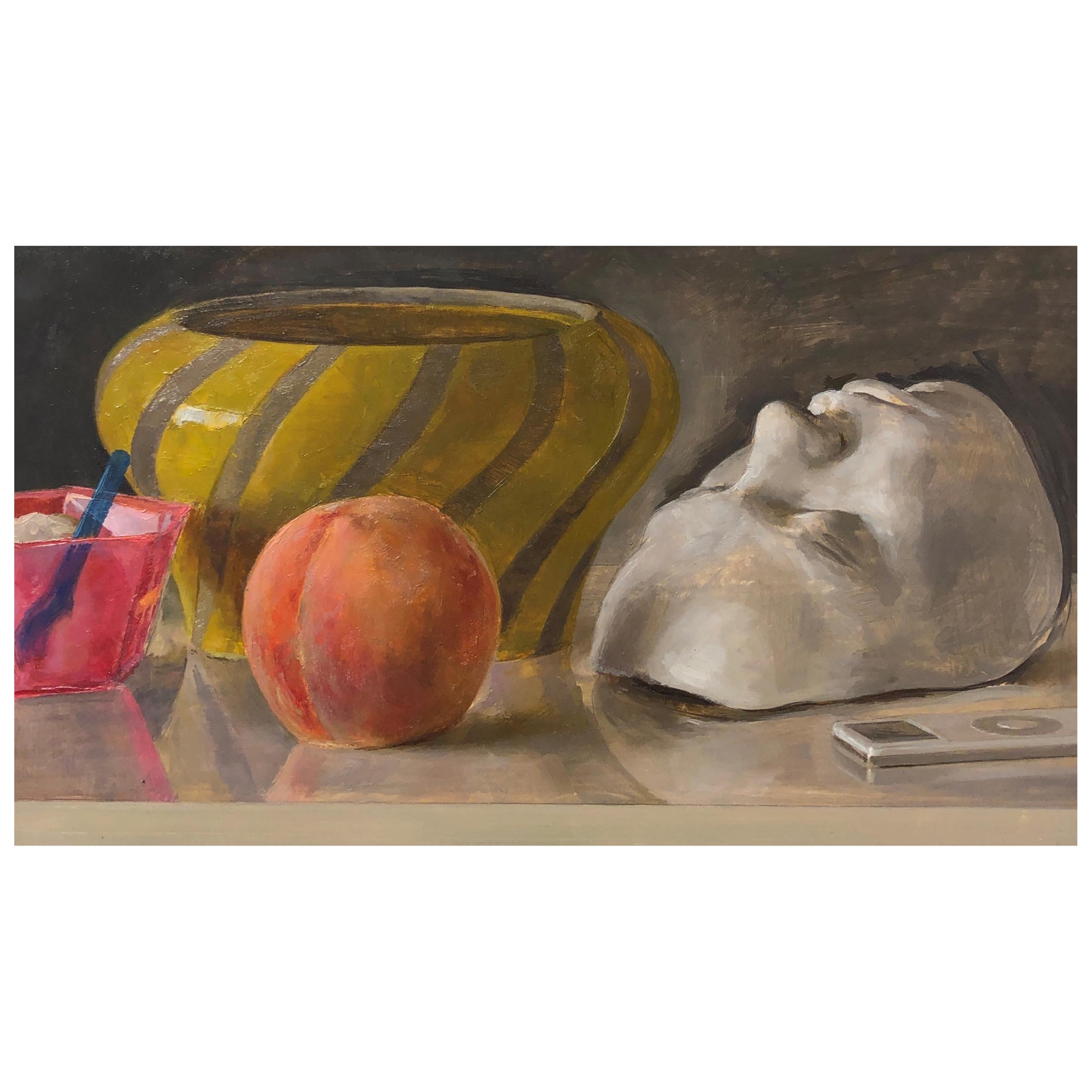 Still Life with Italian Bowl, Life Mask, Peach and iPod, Original Oil Painting