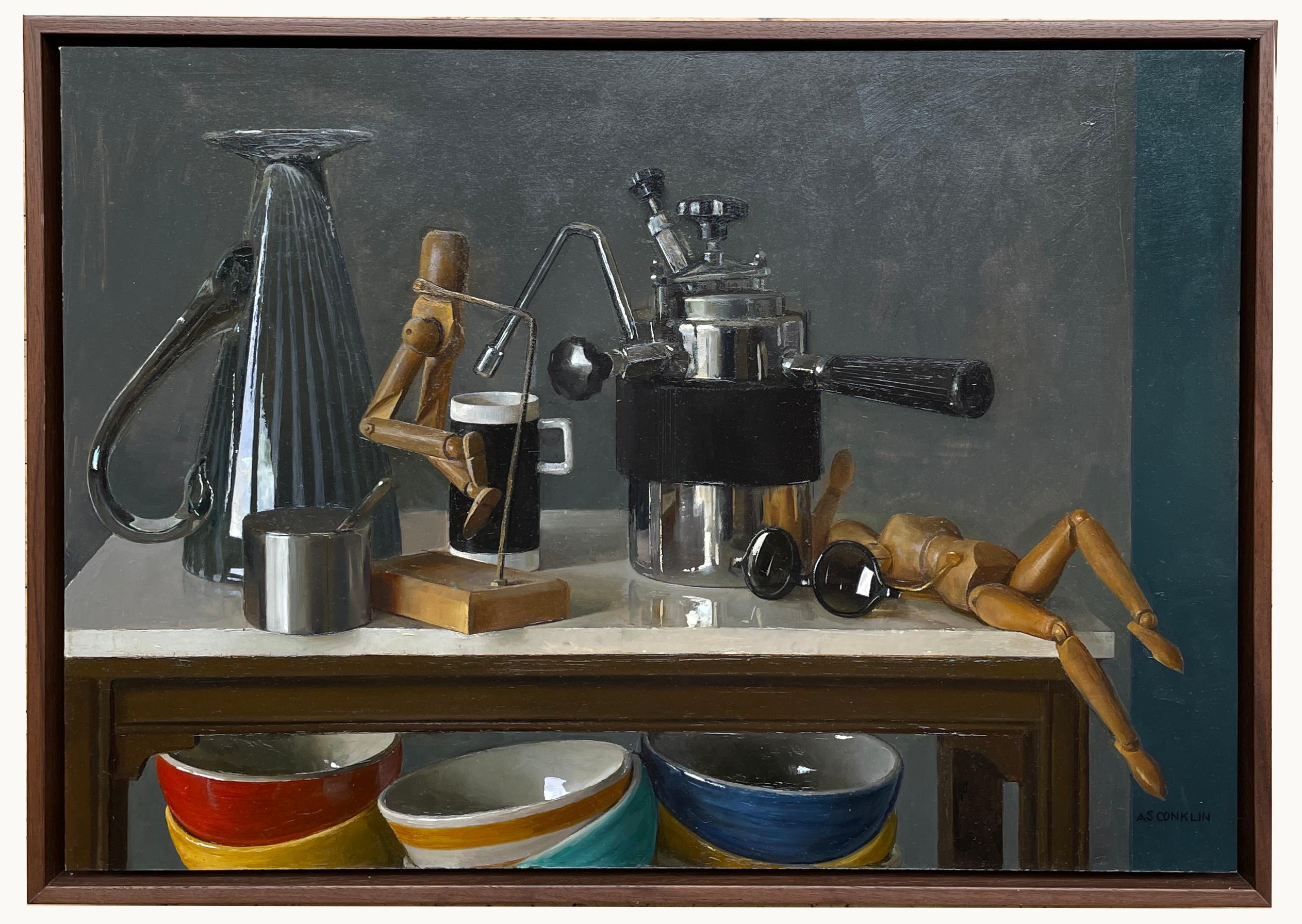 This still life painting on panel captures a variety of objects. Among the objects depicted are a elaborate Italian espresso maker, an upturned venetian glass pitcher, two wooden models and several colorful ceramic bowls. These masterfully painted