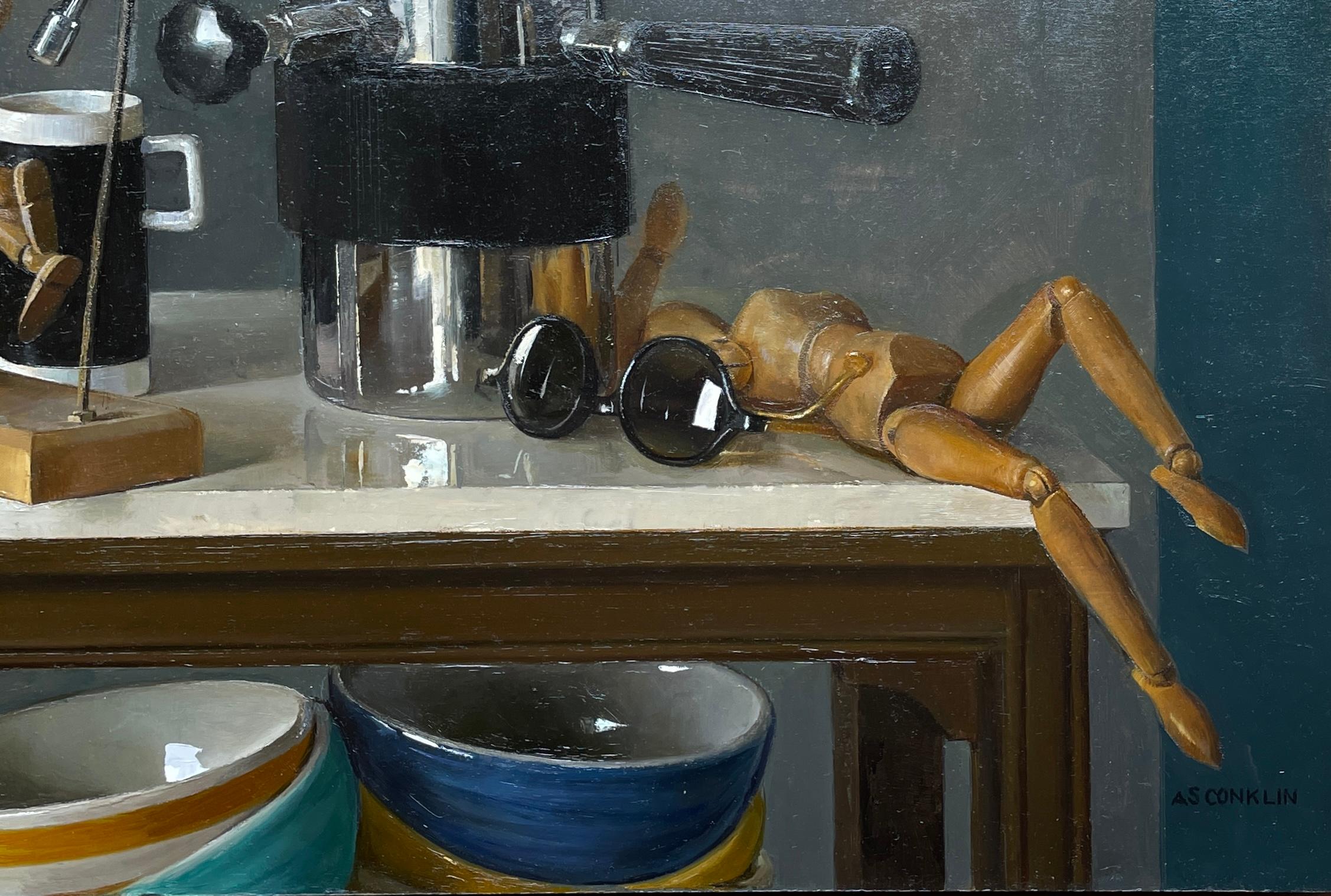 Mid-Century Modern Still Life with Italian Coffee Maker, Lay Figures & Bowls, Original Oil Painting