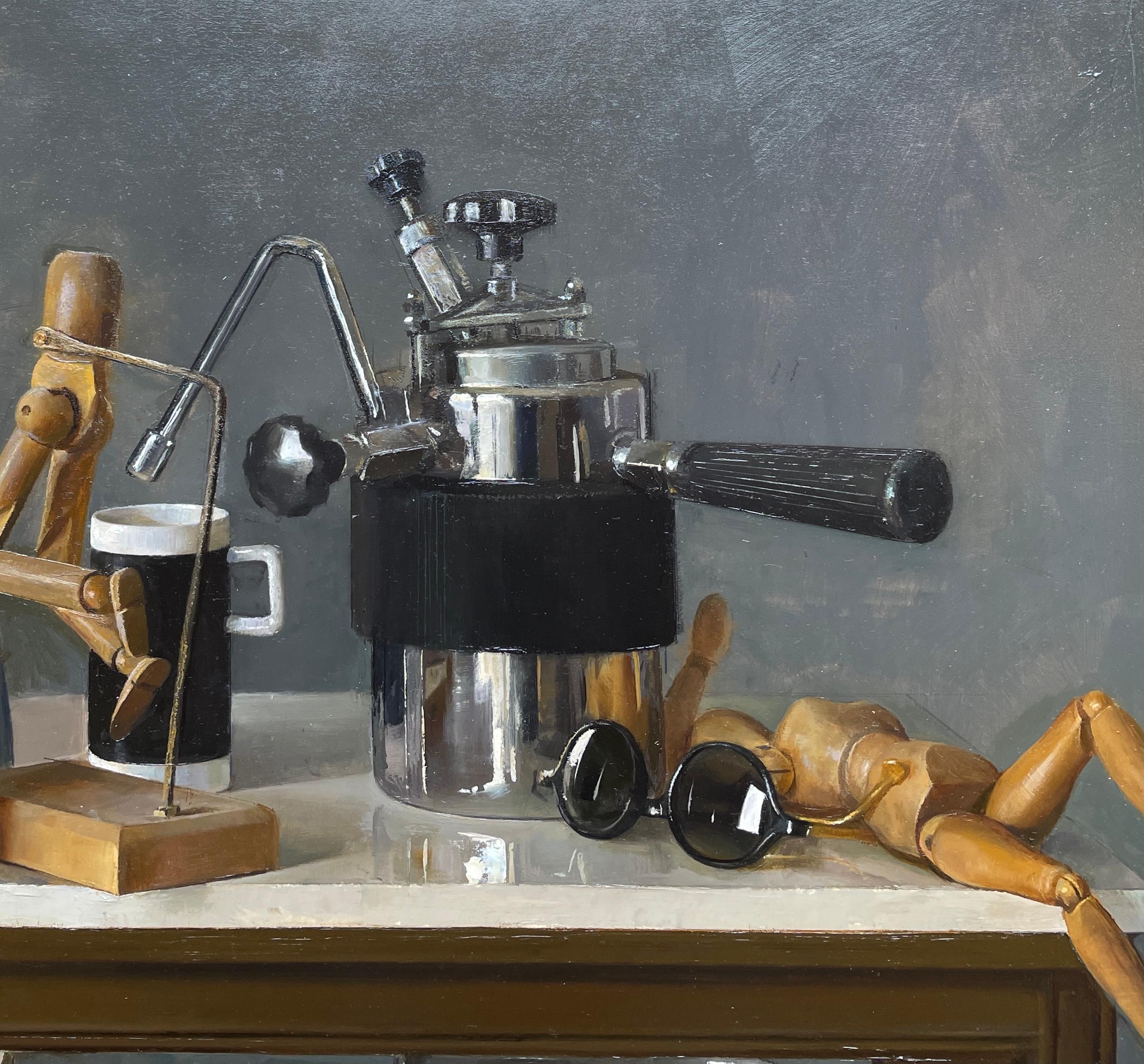 American Still Life with Italian Coffee Maker, Lay Figures & Bowls, Original Oil Painting