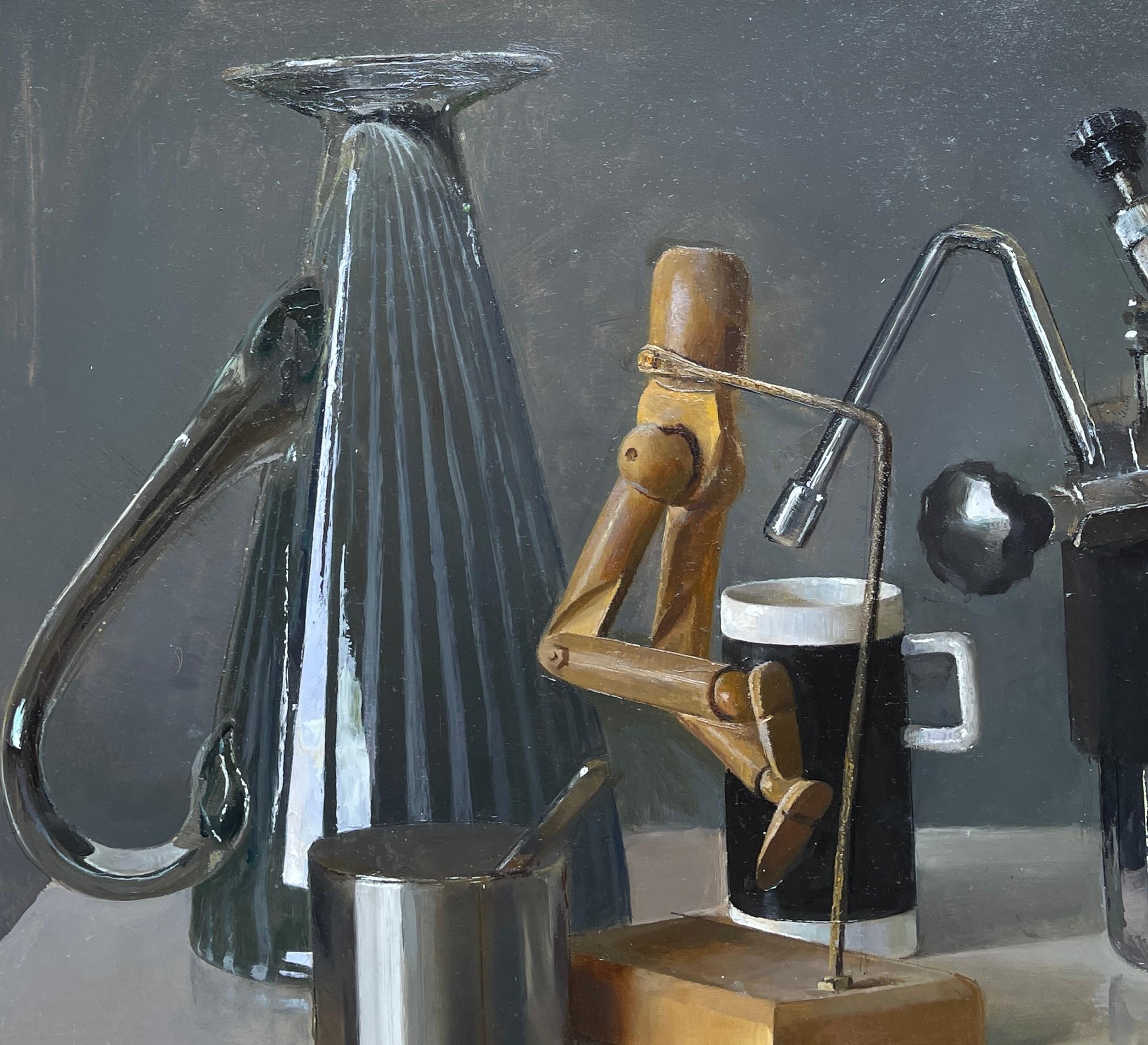 Hand-Painted Still Life with Italian Coffee Maker, Lay Figures & Bowls, Original Oil Painting
