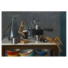 Nature morte avec cafetière italienne, figures superposées et bols, peinture à l'huile originale