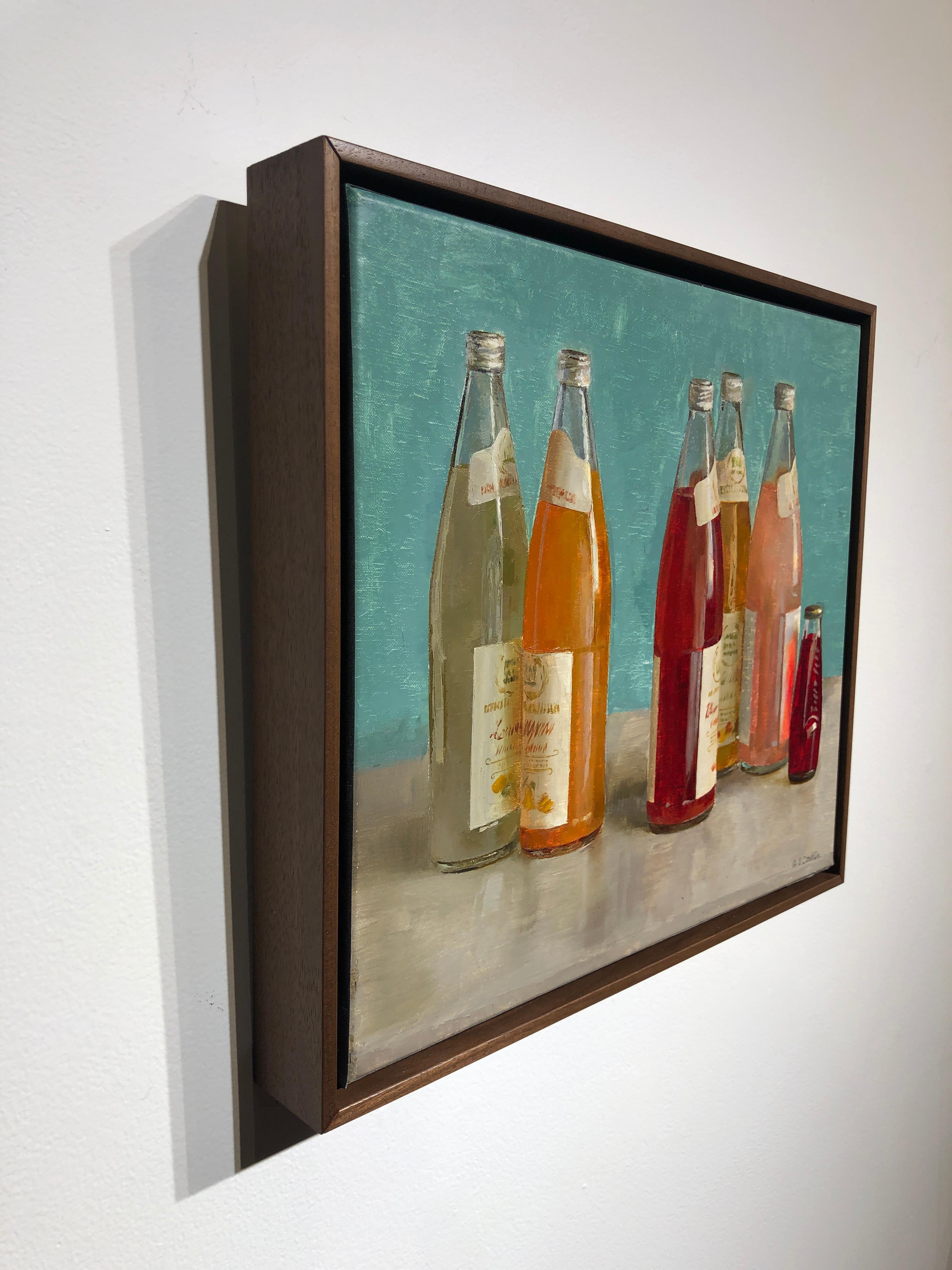 Hand-Painted Still Life with Italian Soda Bottles, Original Oil Painting, Framed