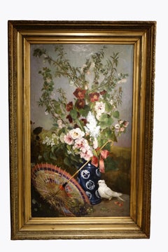 Still Life with Japanese Umbrella Signed Camlle Prévost, Roqueplan, circa 1880
