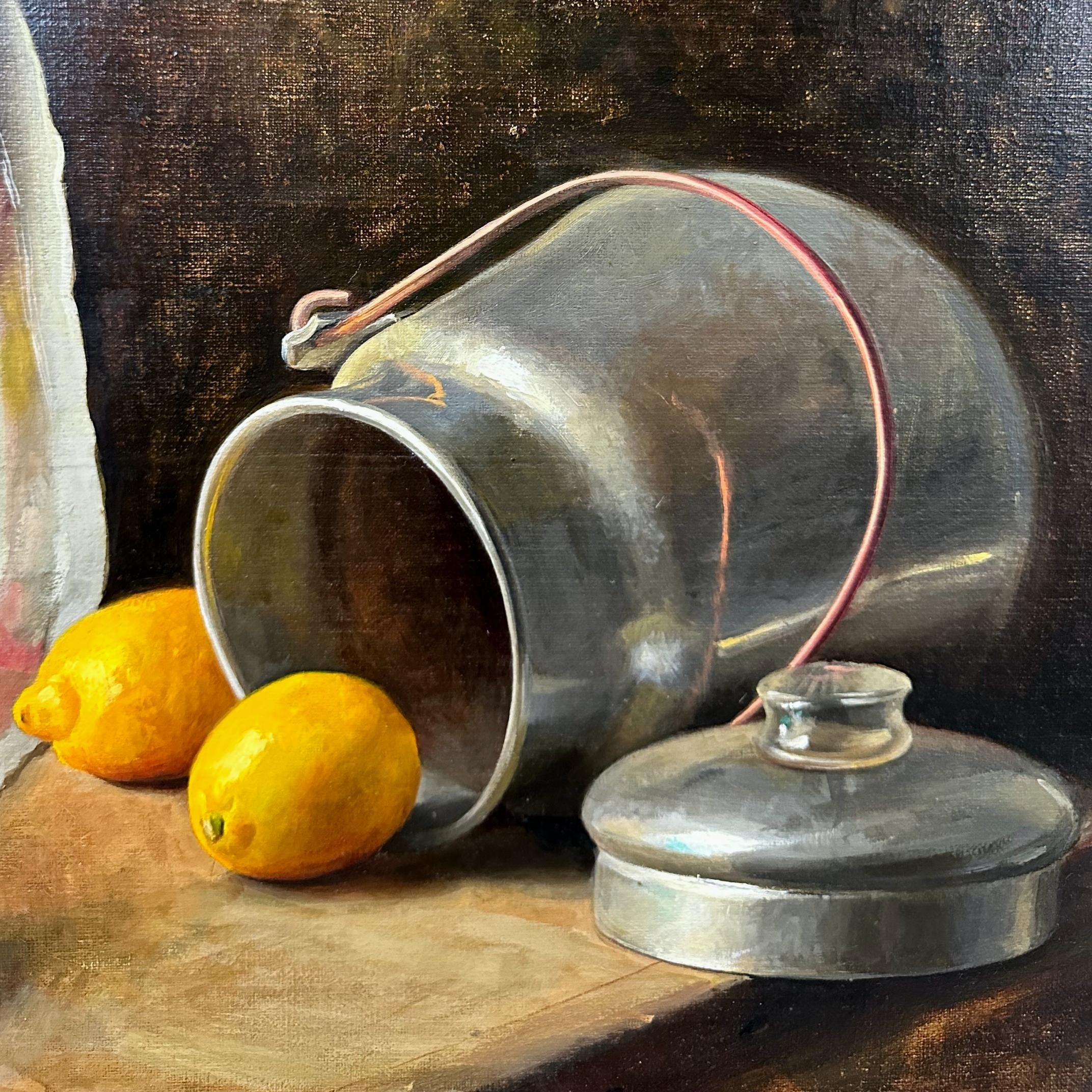 American Still Life with Lemons and Pewter, Oil on Canvas, Signed Paul F. Wilson, 24 x 30 For Sale