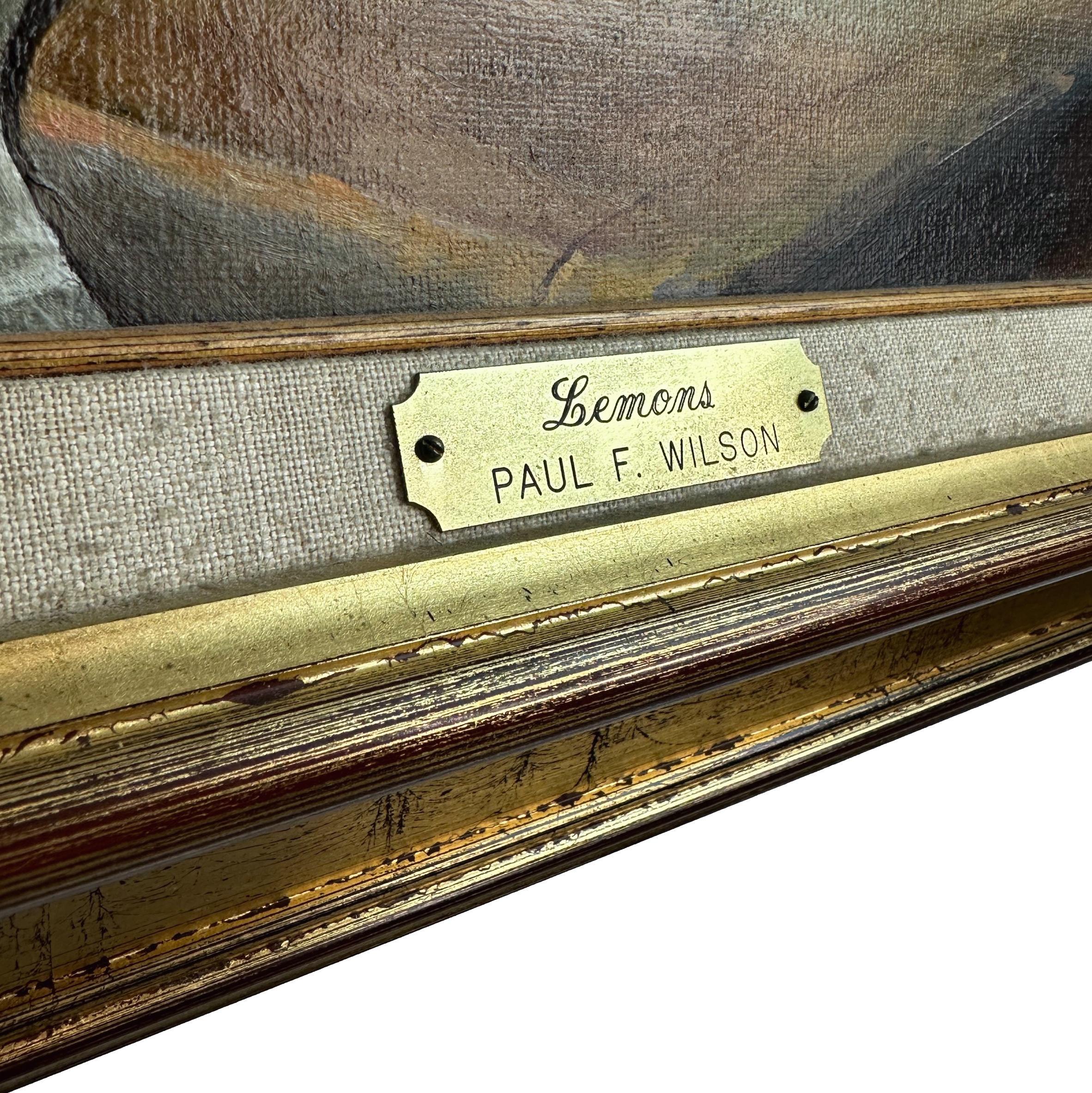 Stillleben mit Zitronen und Zinn, Öl auf Leinwand, signiert Paul F. Wilson, 24 x 30 (Mitte des 20. Jahrhunderts) im Angebot
