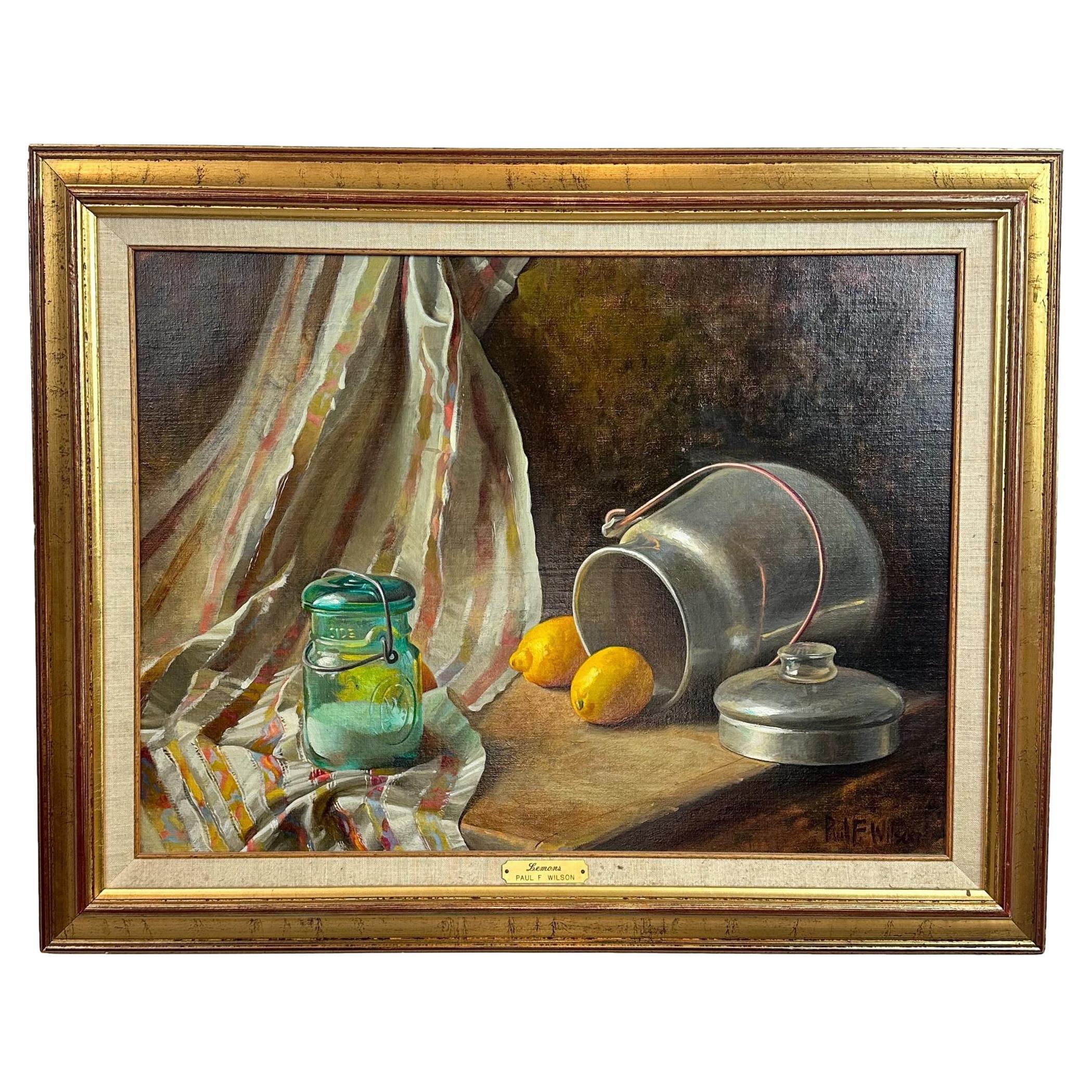 Still Life with Lemons and Pewter, Oil on Canvas, Signed Paul F. Wilson, 24 x 30 For Sale