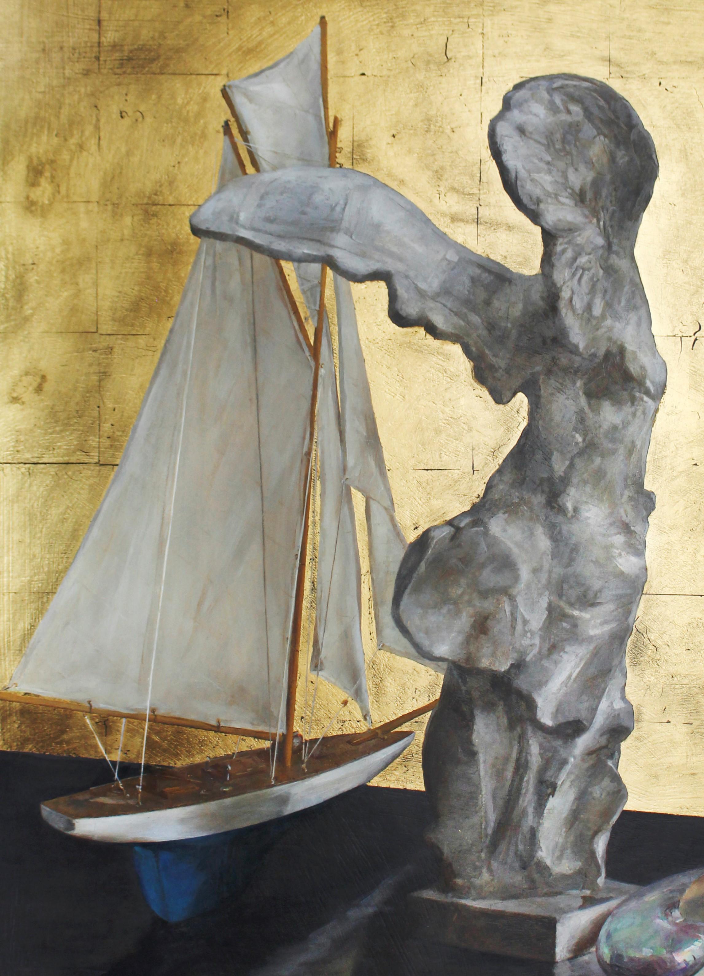 Modern Still Life with Nike and Sailboat, Objet d'Art, Gold Leaf and Oil on Panel For Sale