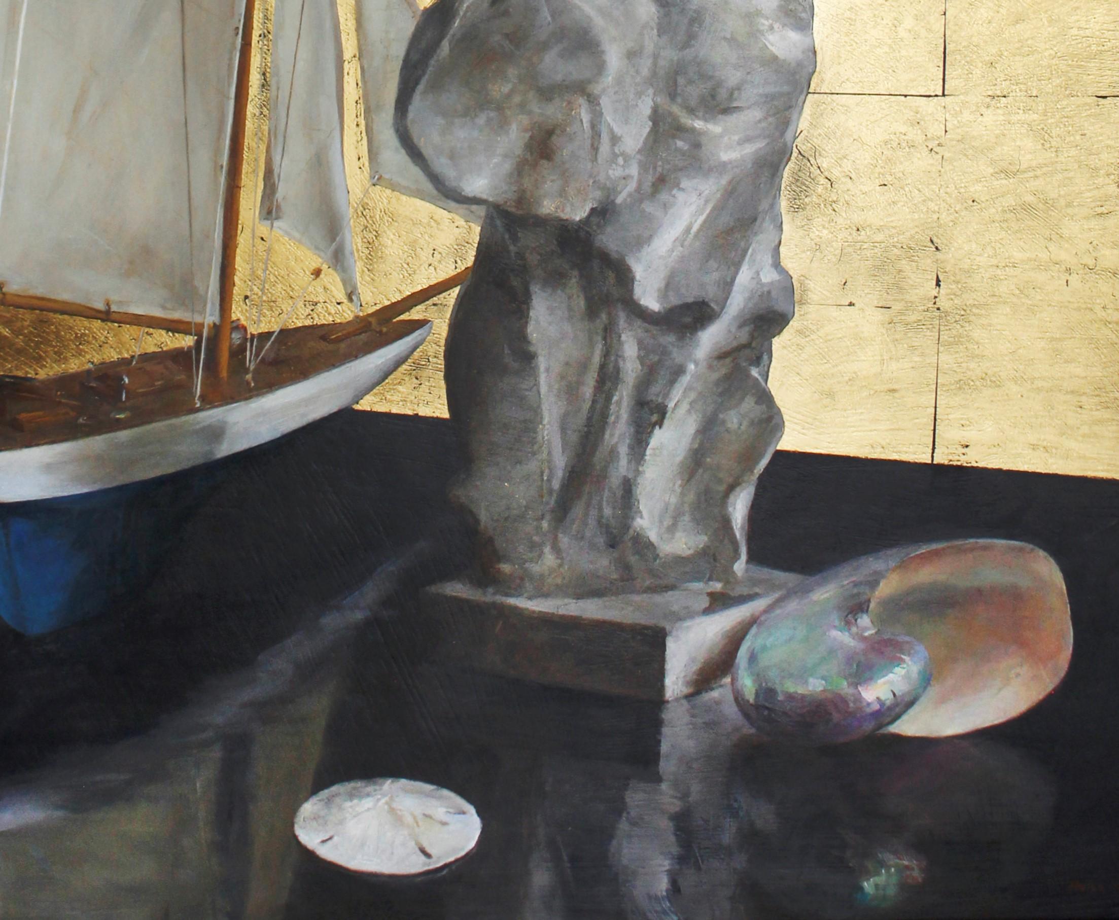 Hand-Painted Still Life with Nike and Sailboat, Objet d'Art, Gold Leaf and Oil on Panel For Sale