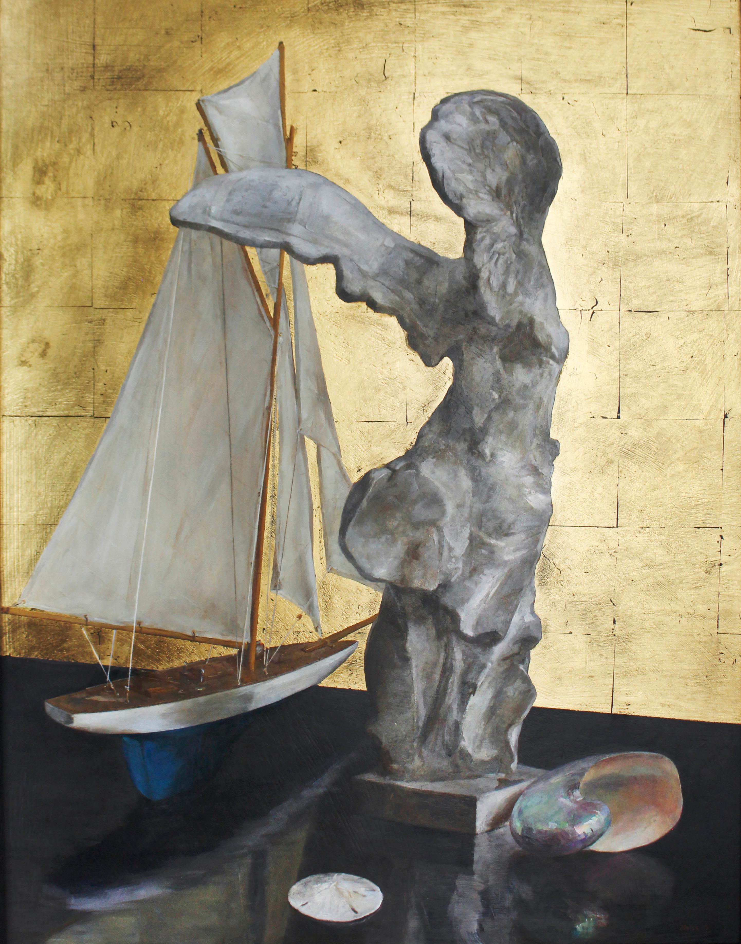 Still Life with Nike and Sailboat, Objet d'Art, Gold Leaf and Oil on Panel  For Sale at 1stDibs