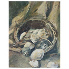 Retro Still Life with Oysters, Oil on Board Painting