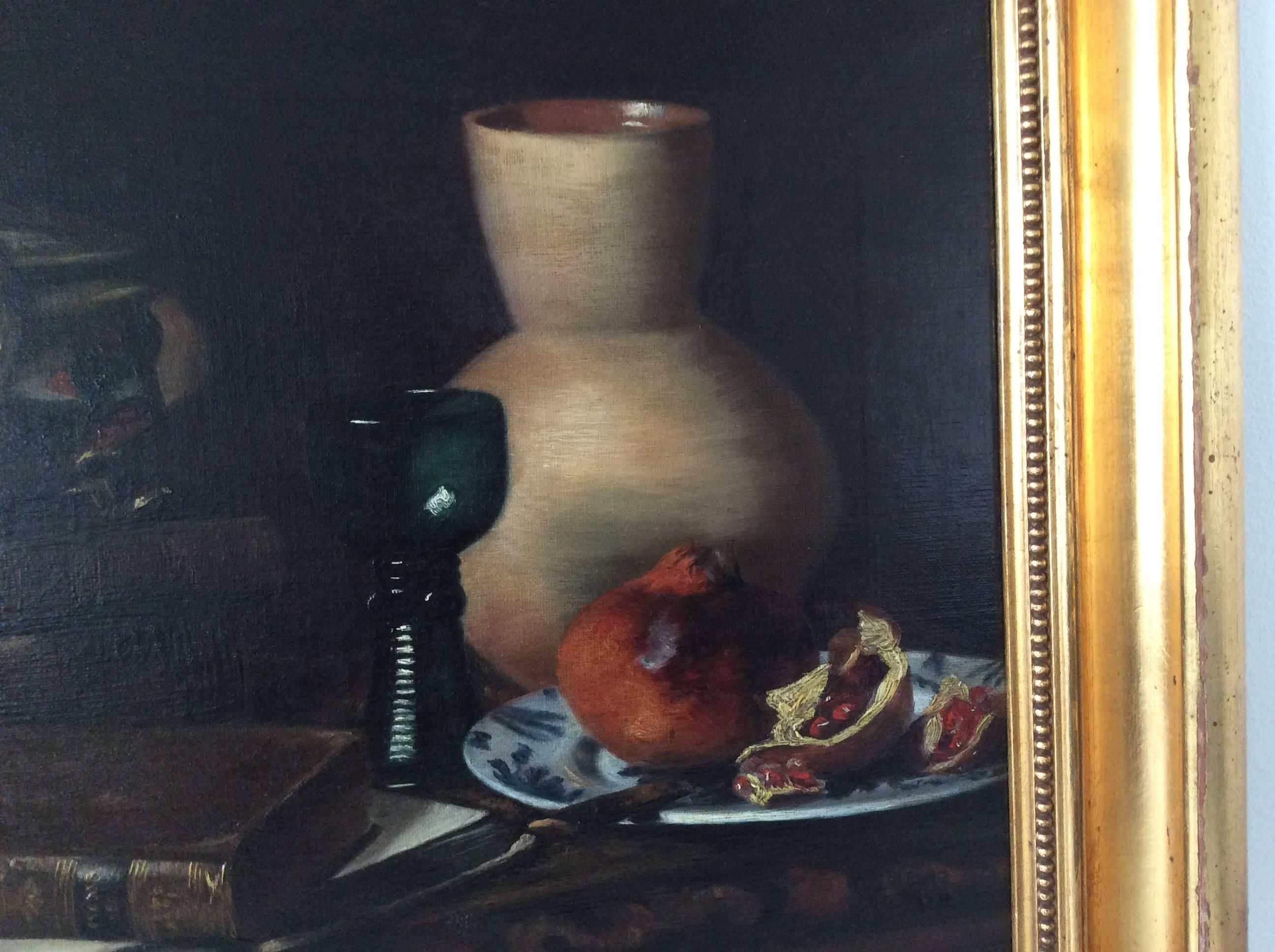 A still-life with pomegranate, jug and glass etc
Indistinctly signed possibly Jerichau.