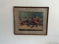 Nature morte aux grenades et aux noix Peinture à l'huile sur toile signée, 1967, Italie