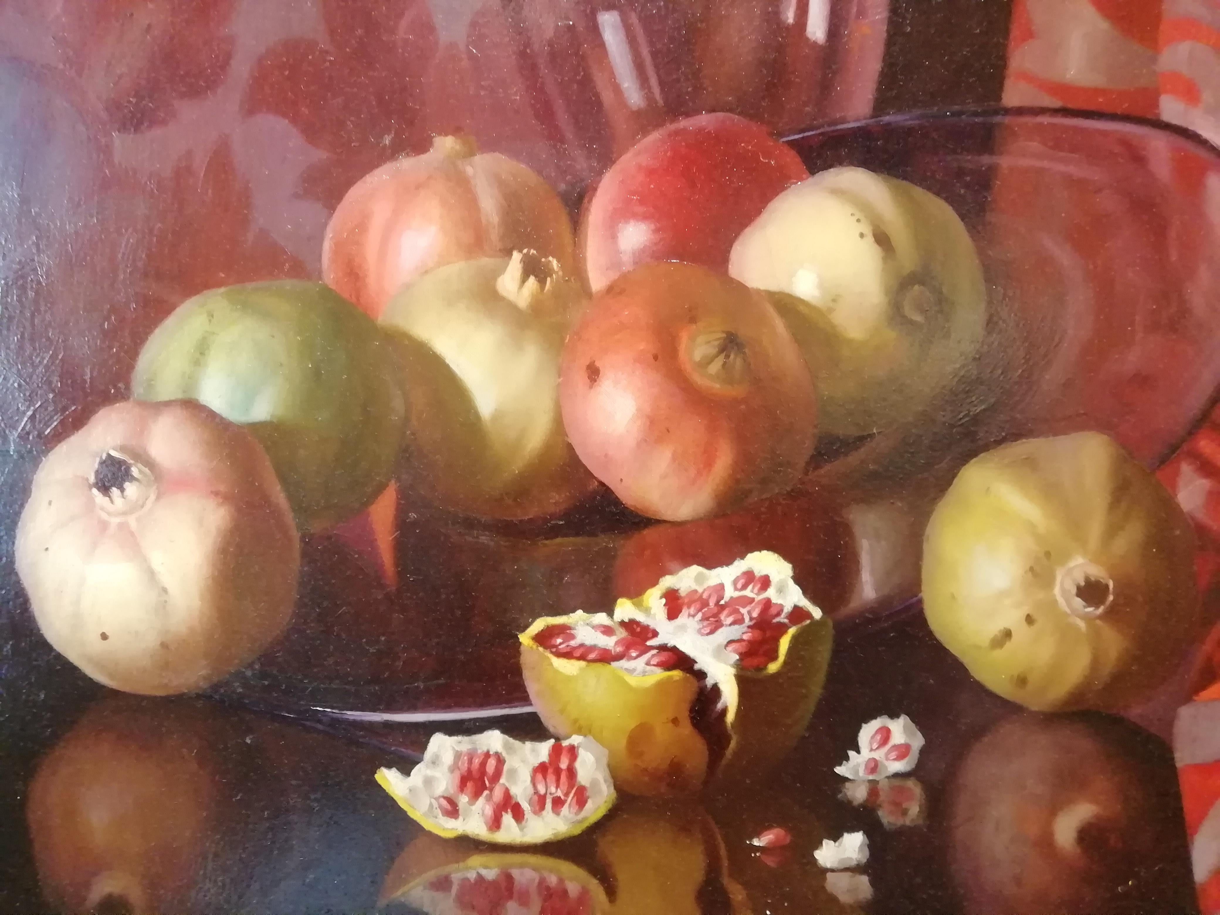 Oiled Still Life with Pomegranates, Bruno Croatto 20th Century Oil Italian Painting For Sale