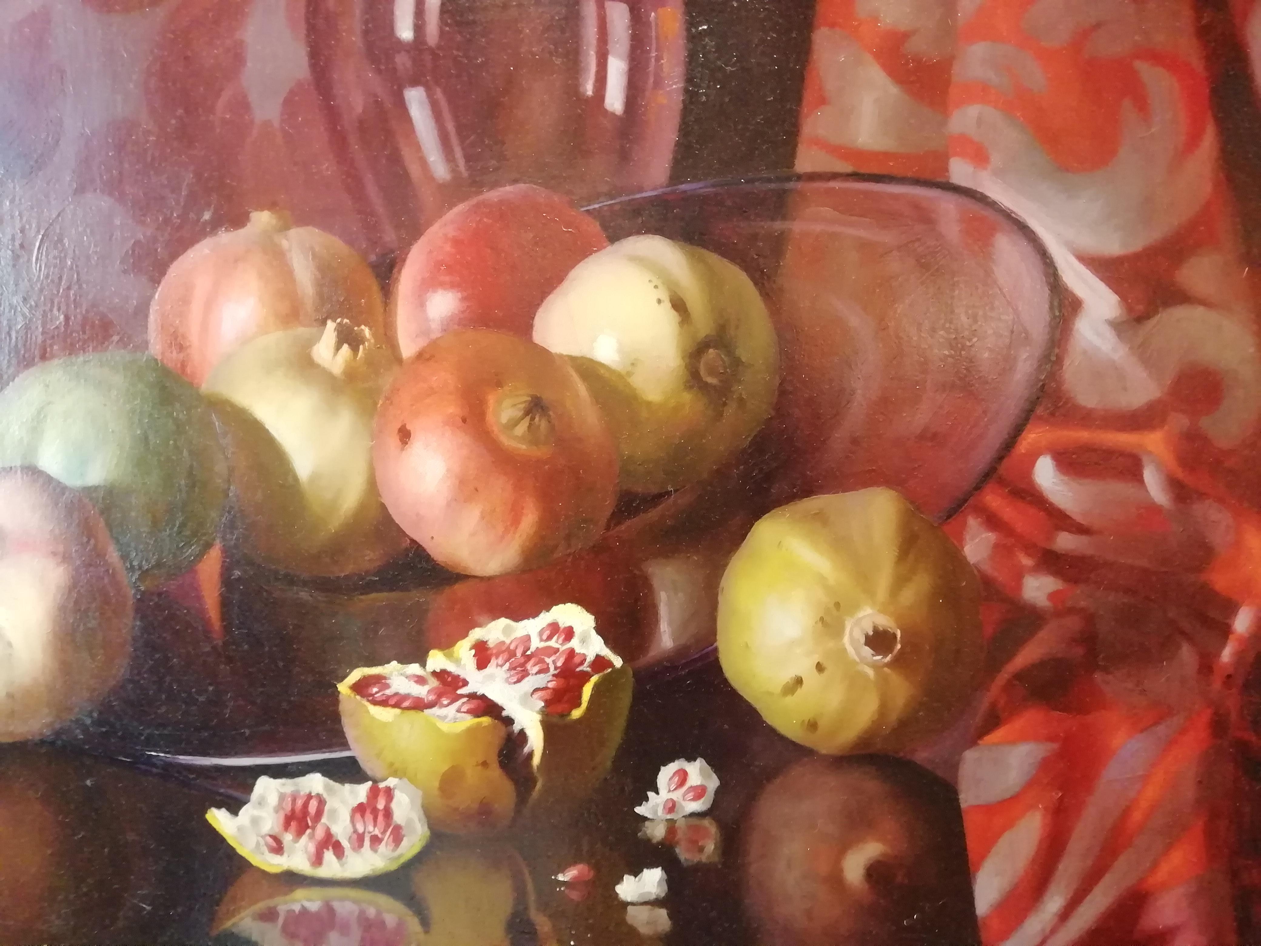 Still Life with Pomegranates, Bruno Croatto 20th Century Oil Italian Painting In Good Condition For Sale In Rome, Italy