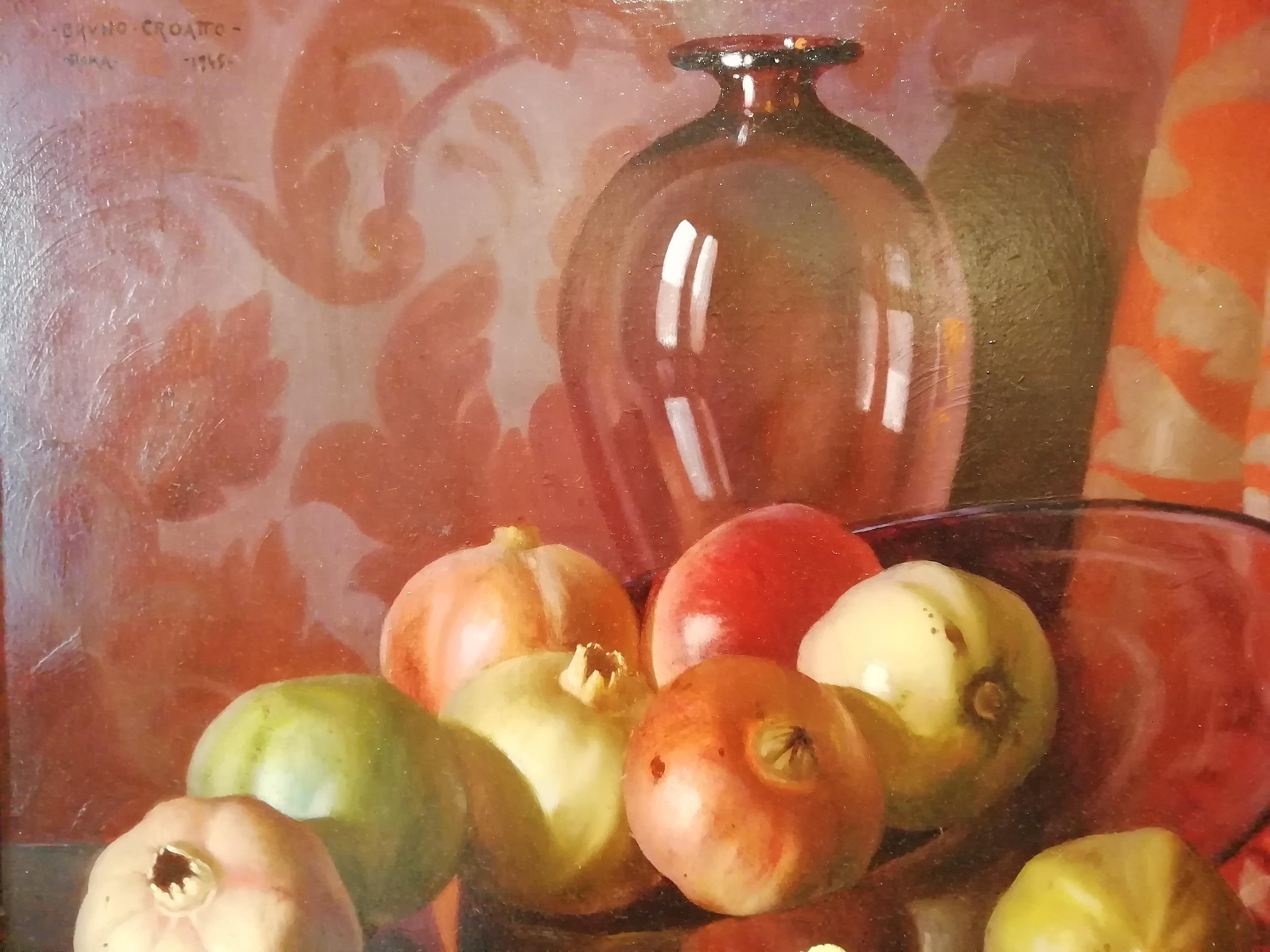 Wood Still Life with Pomegranates, Bruno Croatto 20th Century Oil Italian Painting For Sale