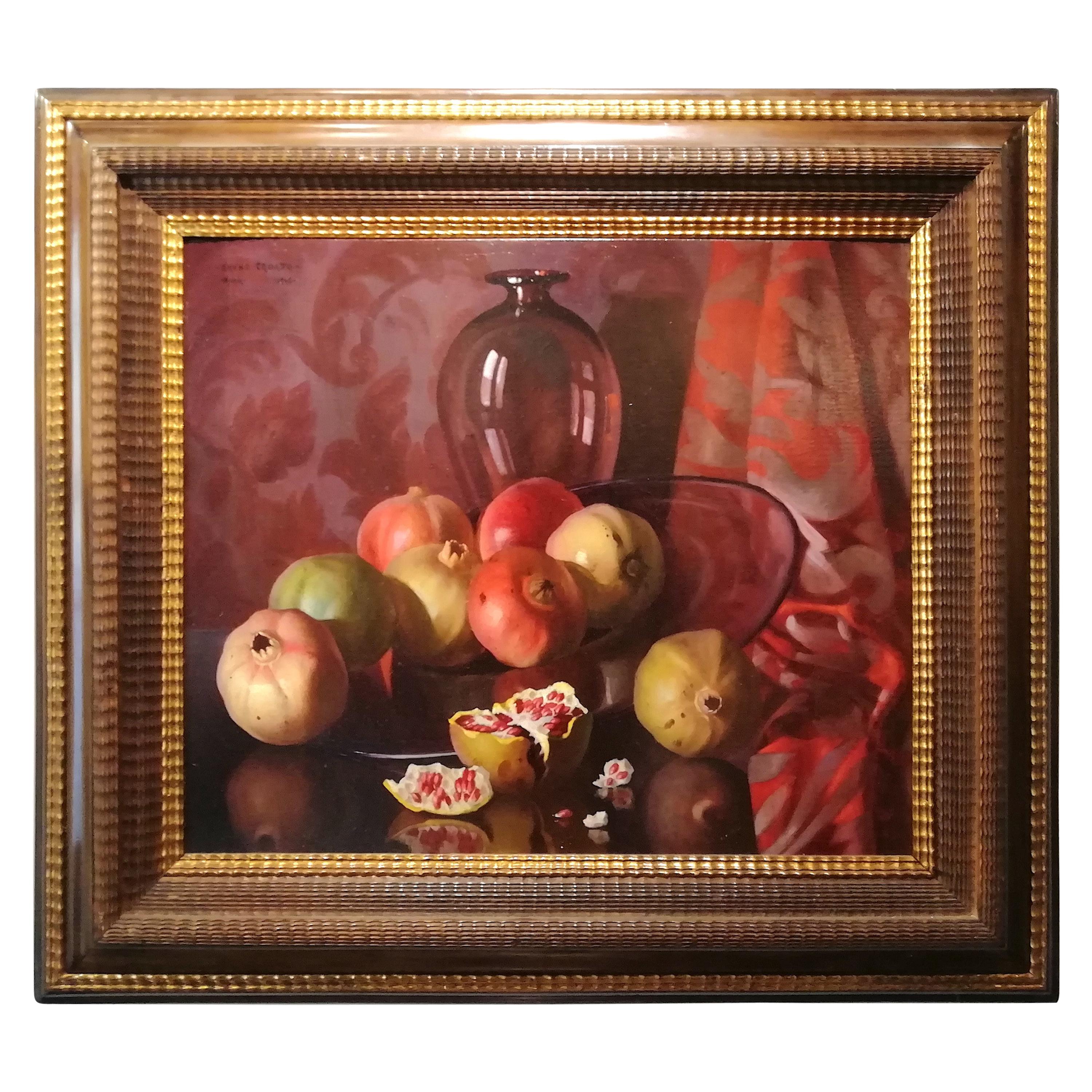 Still Life with Pomegranates, Bruno Croatto 20th Century Oil Italian Painting For Sale