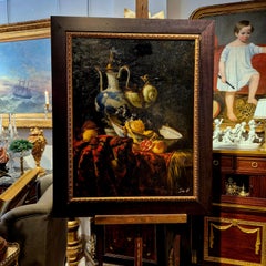 Still Life With Porcelain And Black Grapes Signed By Artist Sie G, 1997