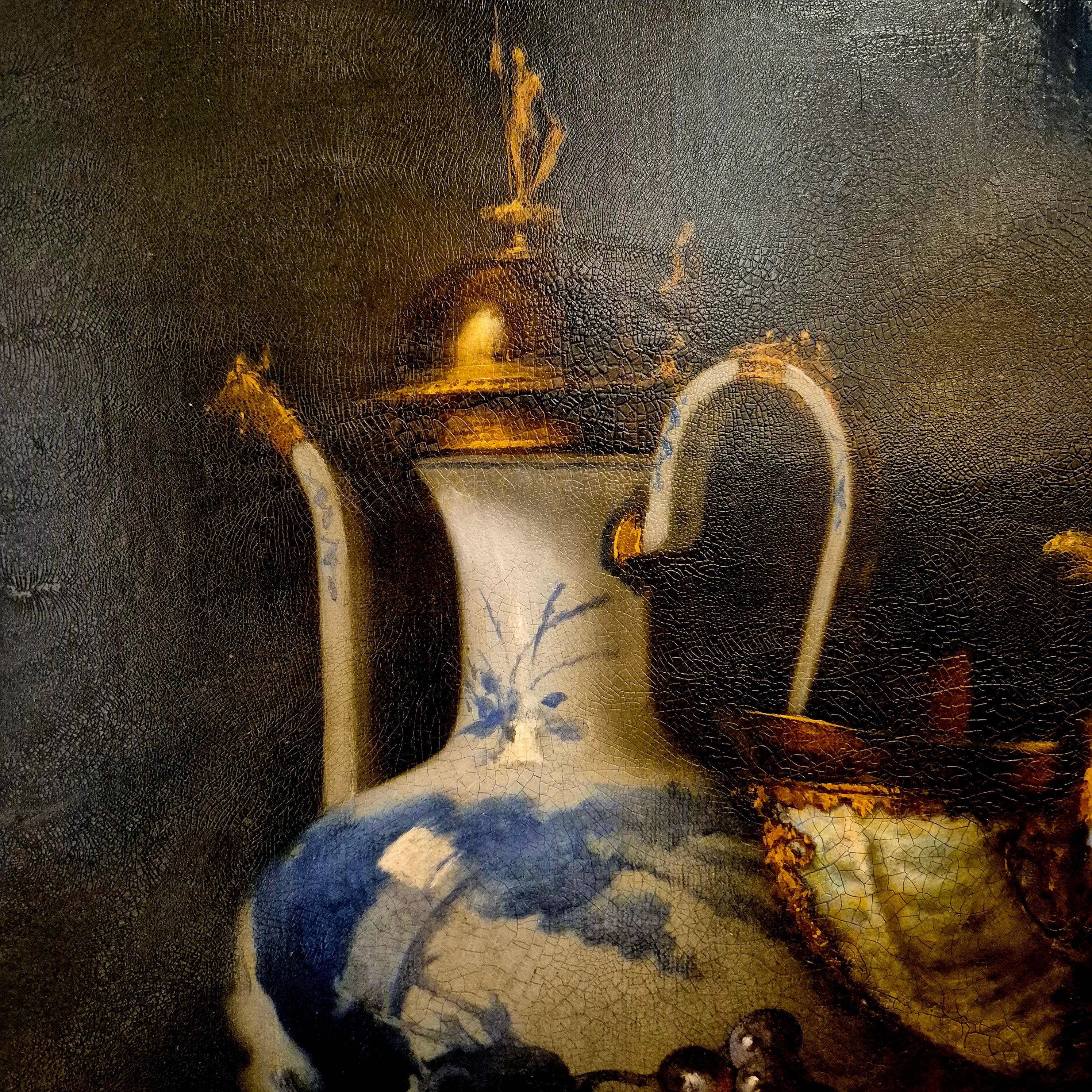 Hand-Painted Still Life With Porcelain And Black Grapes Signed By Artist Sie G, 1997 For Sale