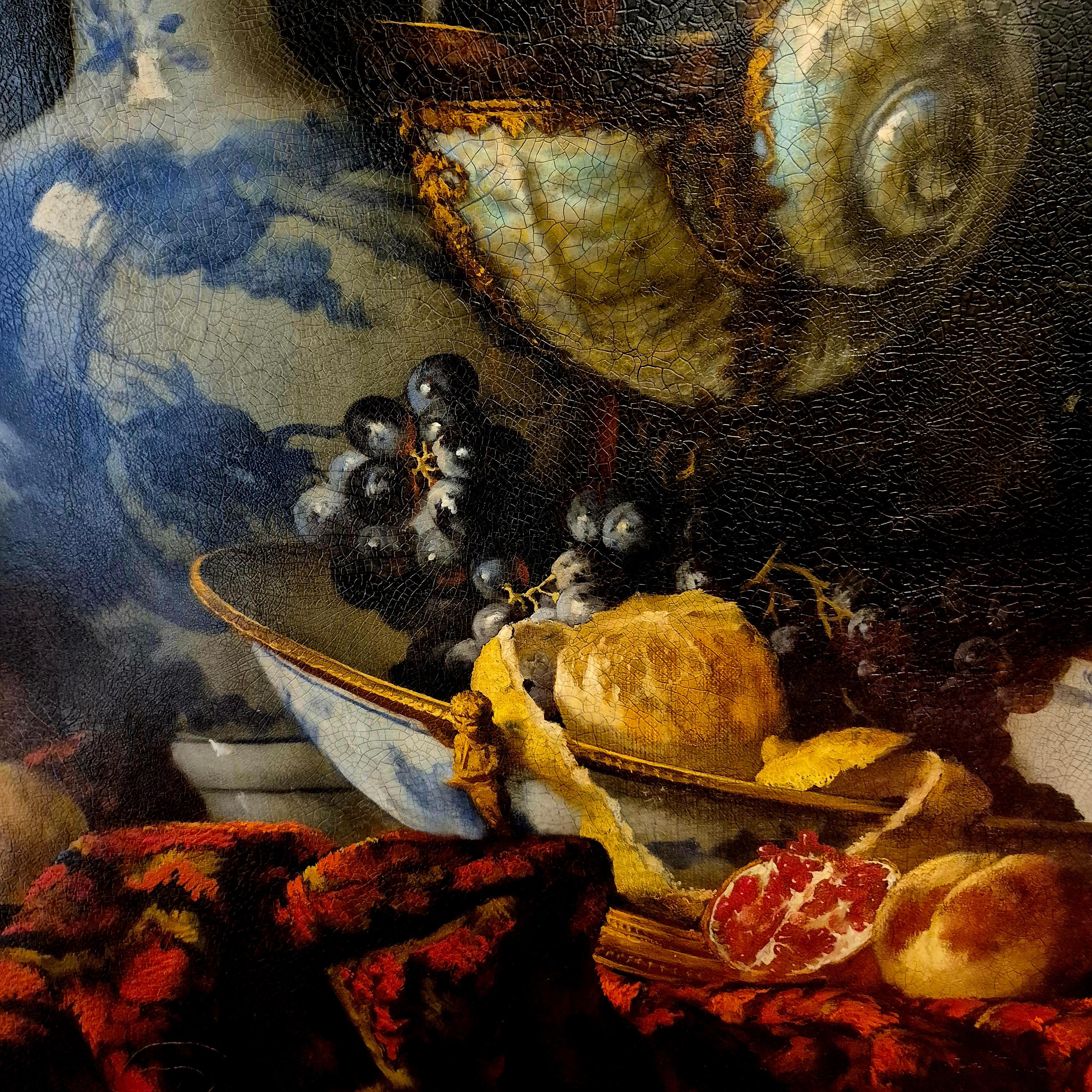 Canvas Still Life With Porcelain And Black Grapes Signed By Artist Sie G, 1997 For Sale