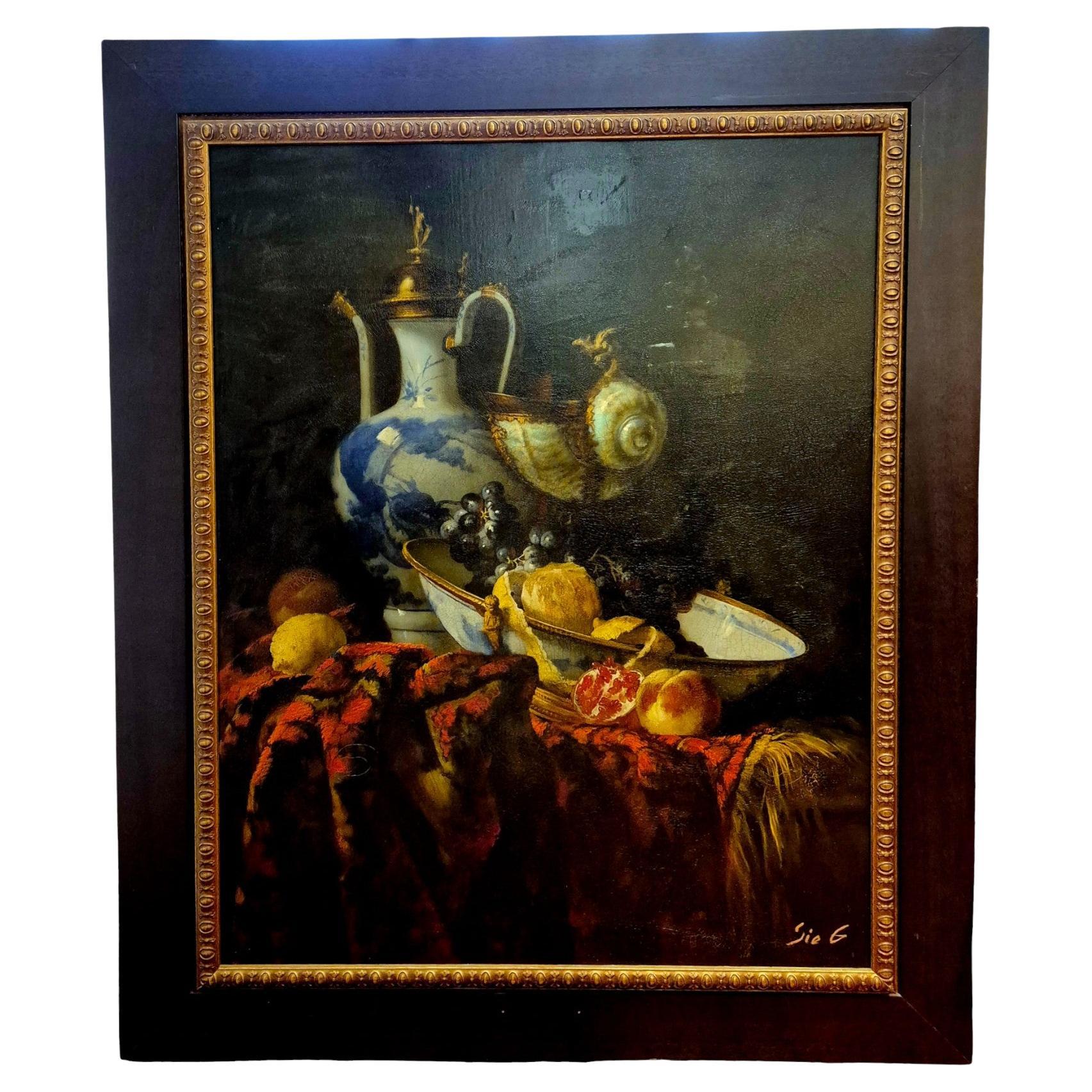 Still Life With Porcelain And Black Grapes Signed By Artist Sie G, 1997 For Sale