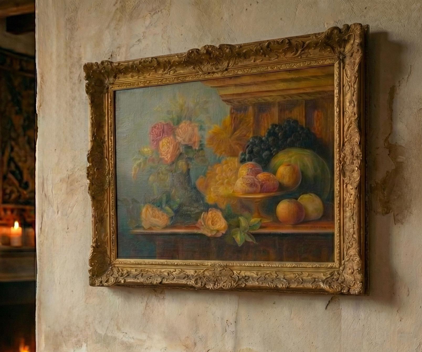 G. Evason (Britisch, 19. Jahrhundert)
Stilleben mit Rosen und Früchten in der Art des 17. Jahrhunderts, datiert 1896.
Öl auf Leinwand, signiert und datiert unten links
Präsentiert in einem vergoldeten Gesso-Rahmen im spätviktorianischen Stil

Dieses