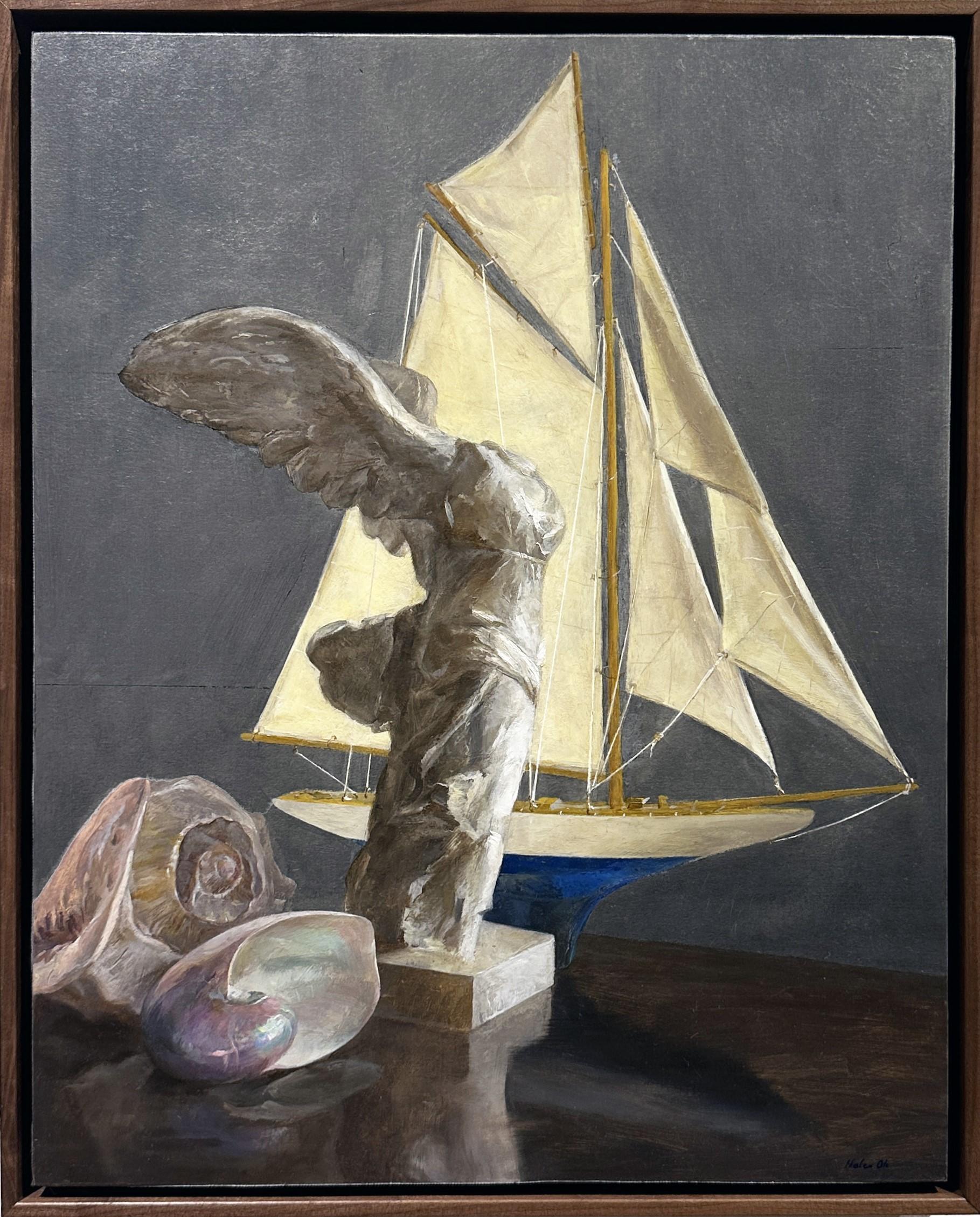 Gorgeous hand applied silver leaf warms the background of this still life. A toy boat, a nautilus shell and a replica of Nike - the Winged Victory Sculpture in the Louvre - are the subject of this small painting. The objet d'art are richly painted