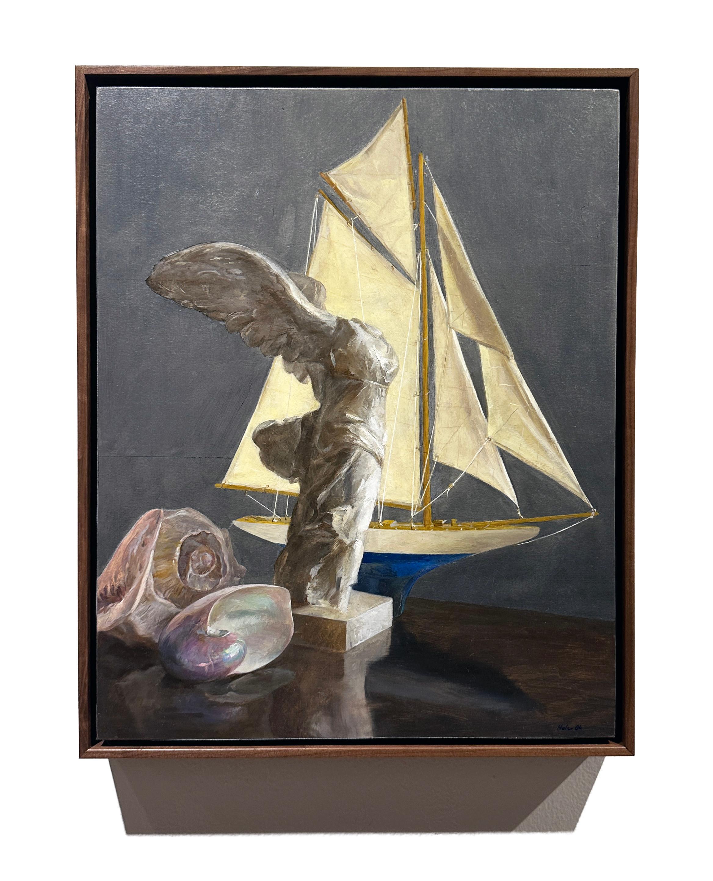 Modern Still Life with Sailboat, Nautilus and Nike, Oil and Silver Leaf on Panel For Sale
