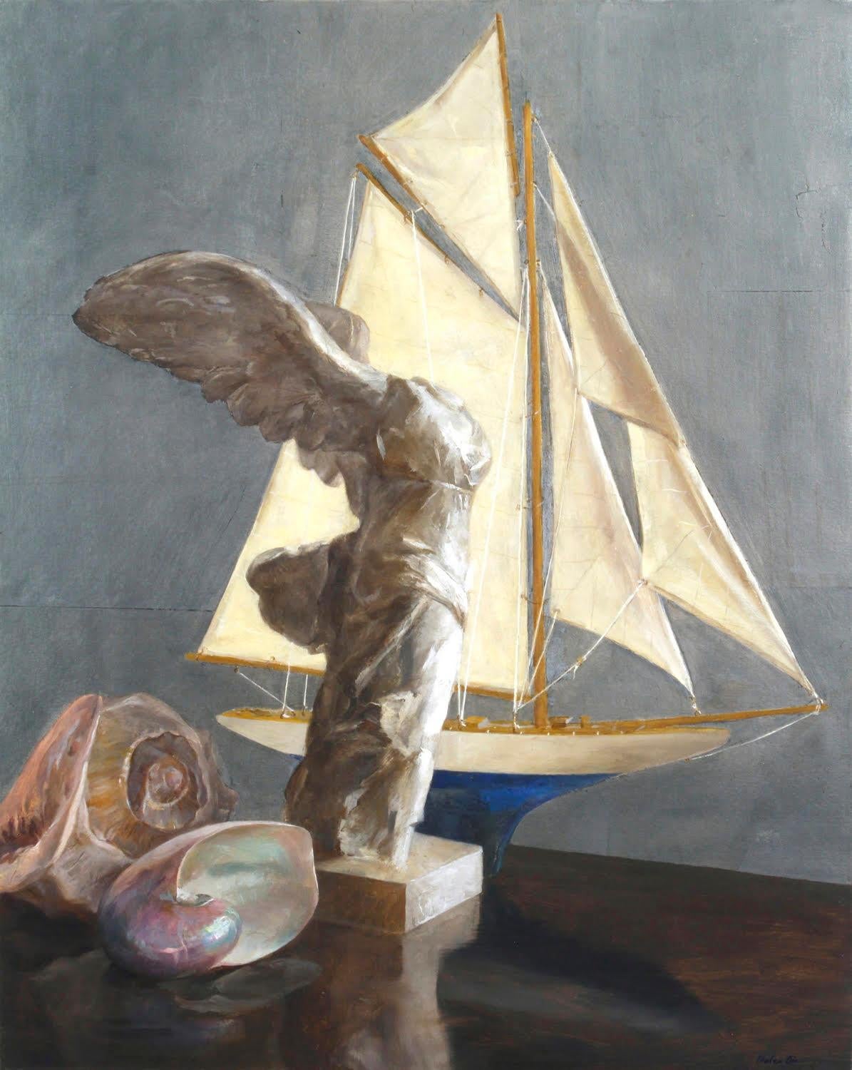 Hand-Painted Still Life with Sailboat, Nautilus and Nike, Oil and Silver Leaf on Panel For Sale