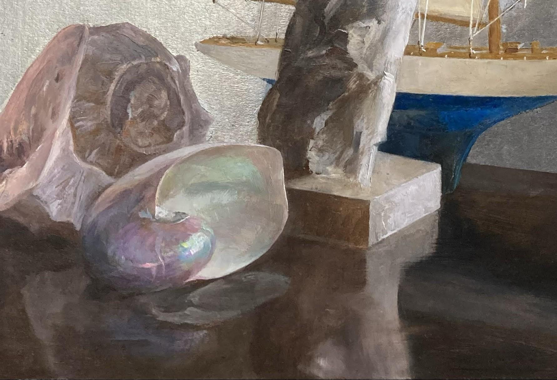 Still Life with Sailboat, Nautilus and Nike, Oil and Silver Leaf on Panel In New Condition For Sale In Chicago, IL