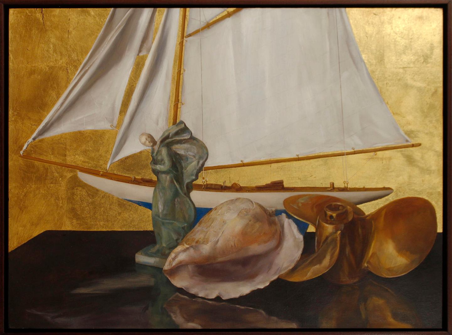 Stillleben mit Segelboot, Statue, Muschelschale, Propeller, Blattgold, Öl auf Tafel im Angebot 4